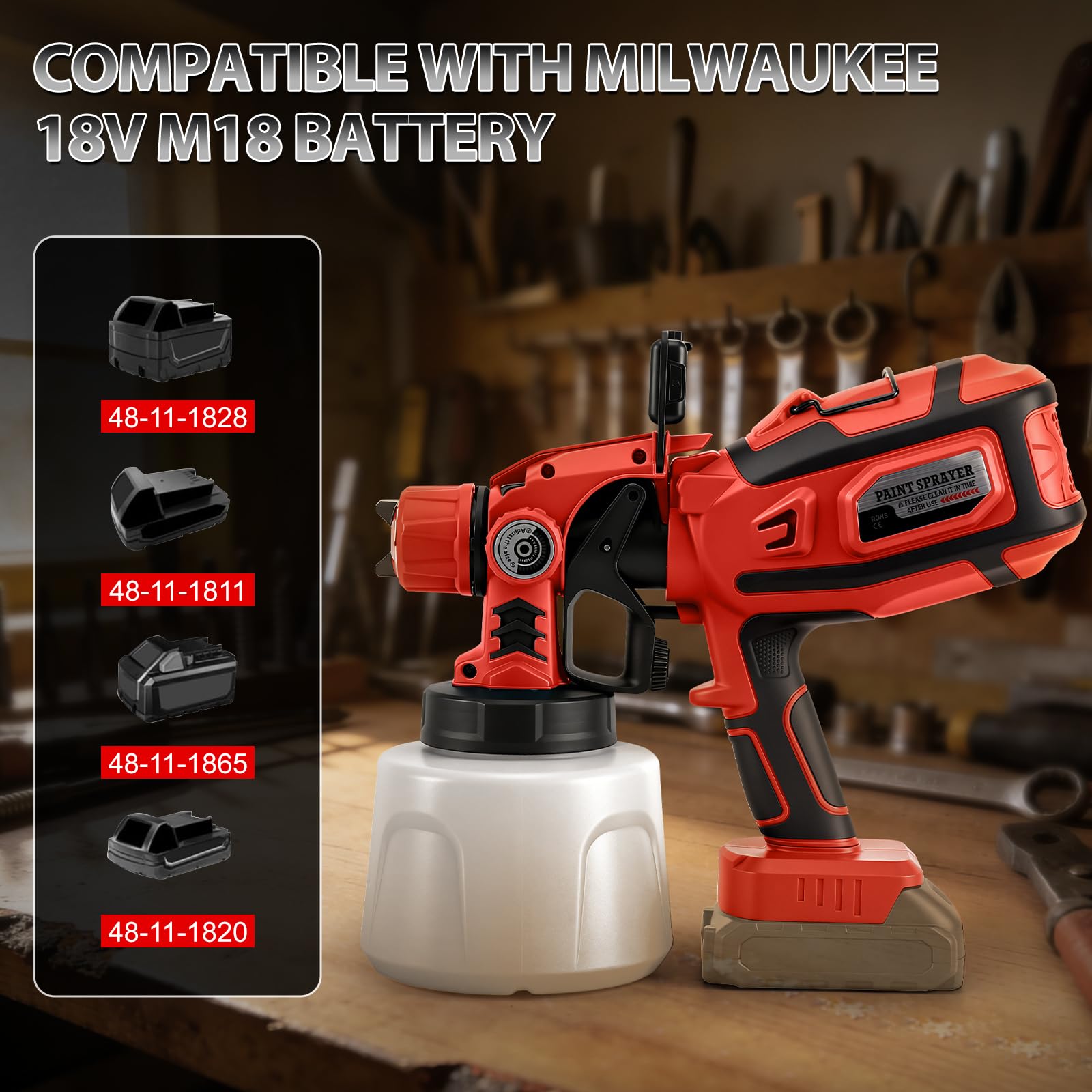 Pulverizador de Pintura a batería con LED para Milwaukee 18V (sin batería) | 200W, Sistema de Pintura Eléctrico, Depósito 1,4L, 3 Patrones, 5 Boquillas, Cepillo, Guantes, Gafas