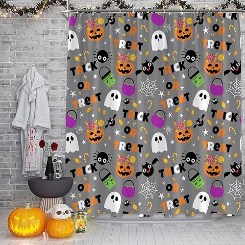 Cortina de ducha de Halloween, divertida calabaza fantasma, golosina o truco, araña, murciélago, caricaturas, cosas de Halloween, feliz fiesta, tela
