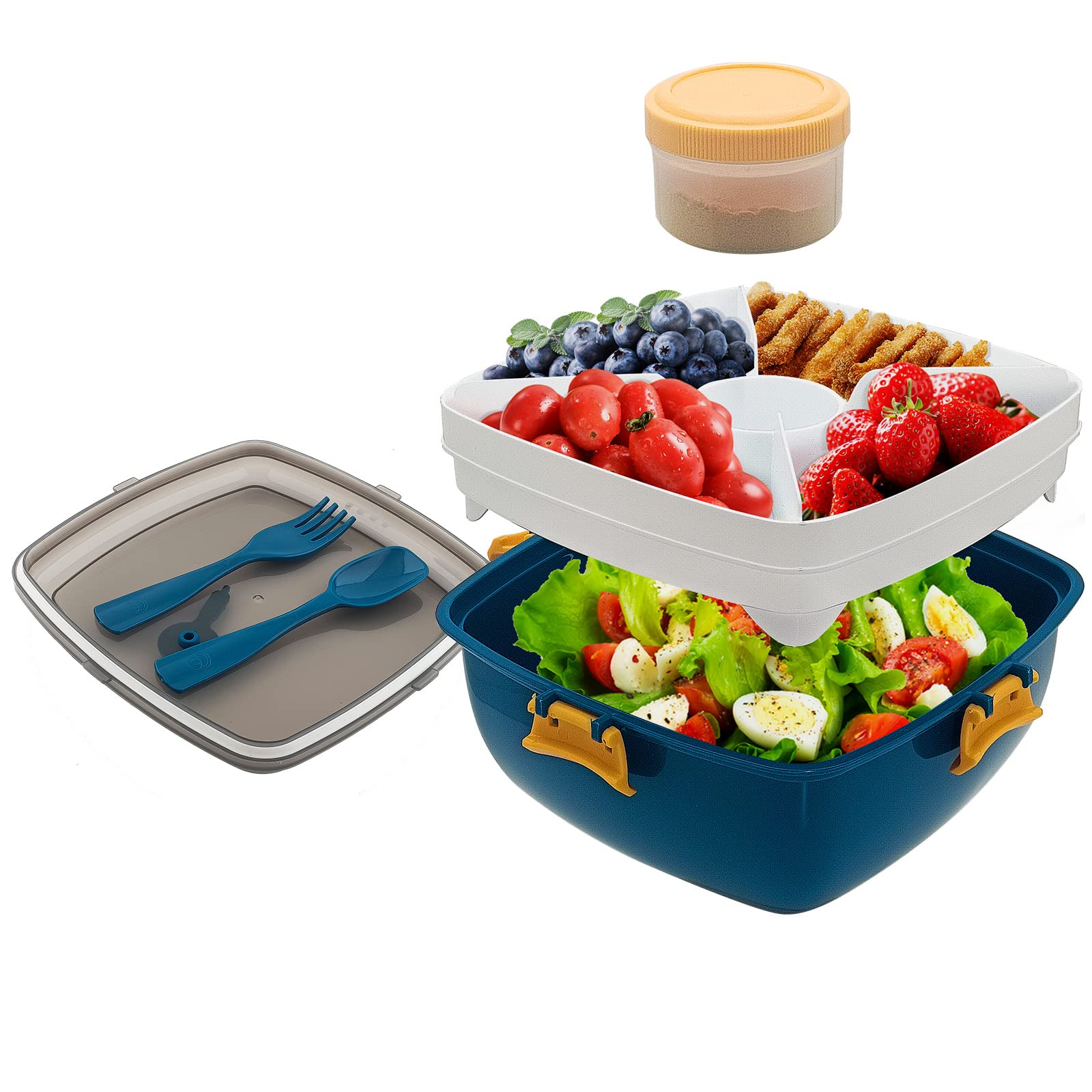 Lunch Box, Bento Box 1200 ml Double Layer Lunch Box Salad Container with 4 Compartments and Cutlery Leak-proof Lunch Box Salad Box to Go for Adults Children School Work Picnic Travel Blue