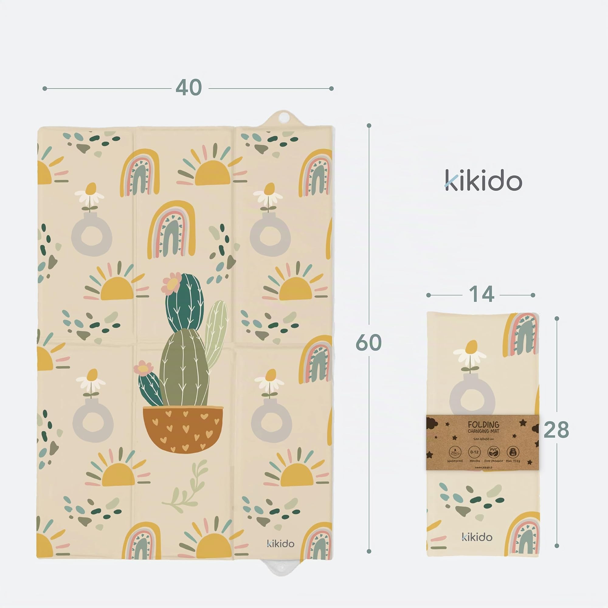 Kikido Cambiador Portátil Bebé 40x60 cm - Cambiador Bebe Impermeable Plegable - Cactus - Cambiadores Plegable Bebé Portátil para Cambio de Pañal - 60x40