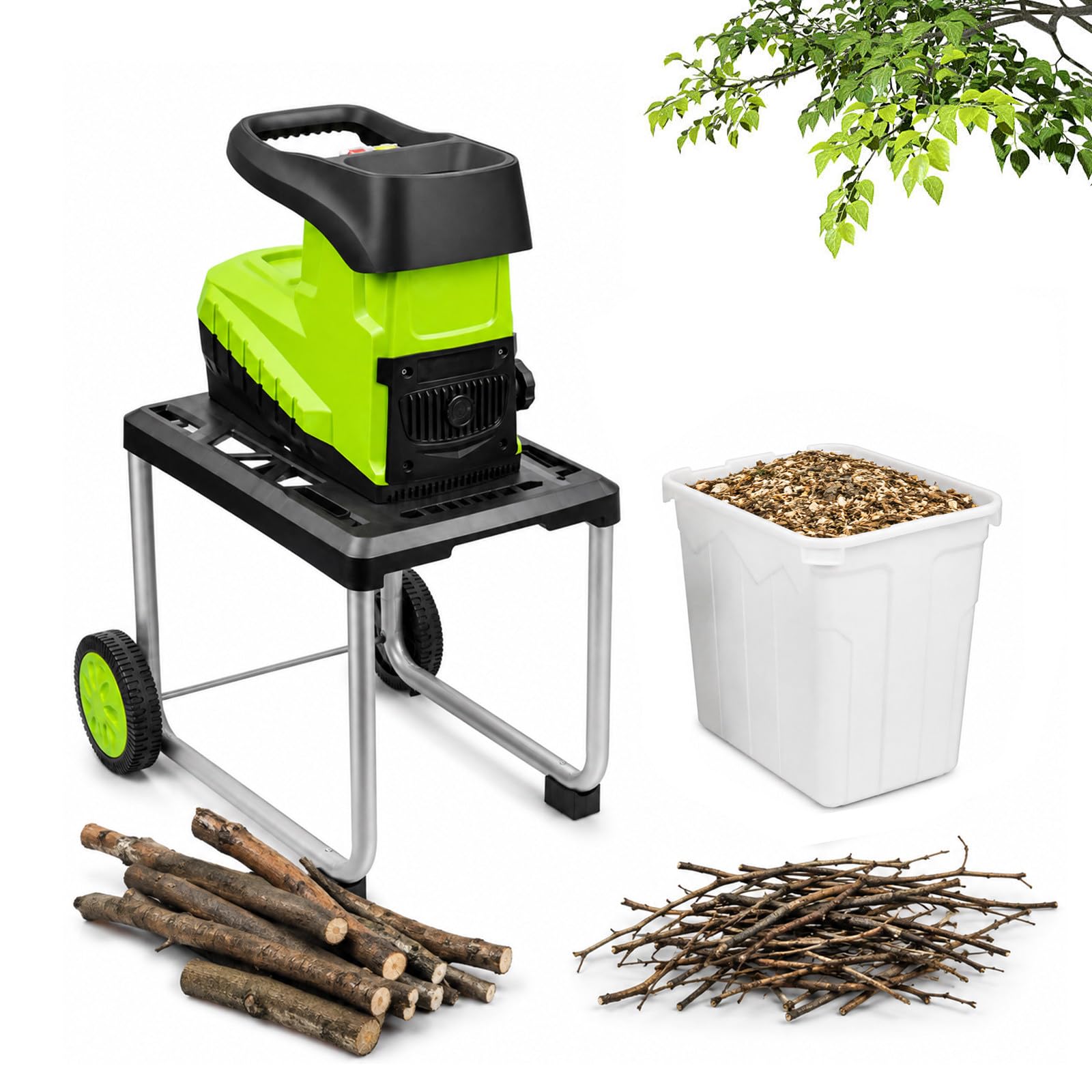 Broyeur De Végétaux Électrique 2800w À Rouleau avec Bac 60l
