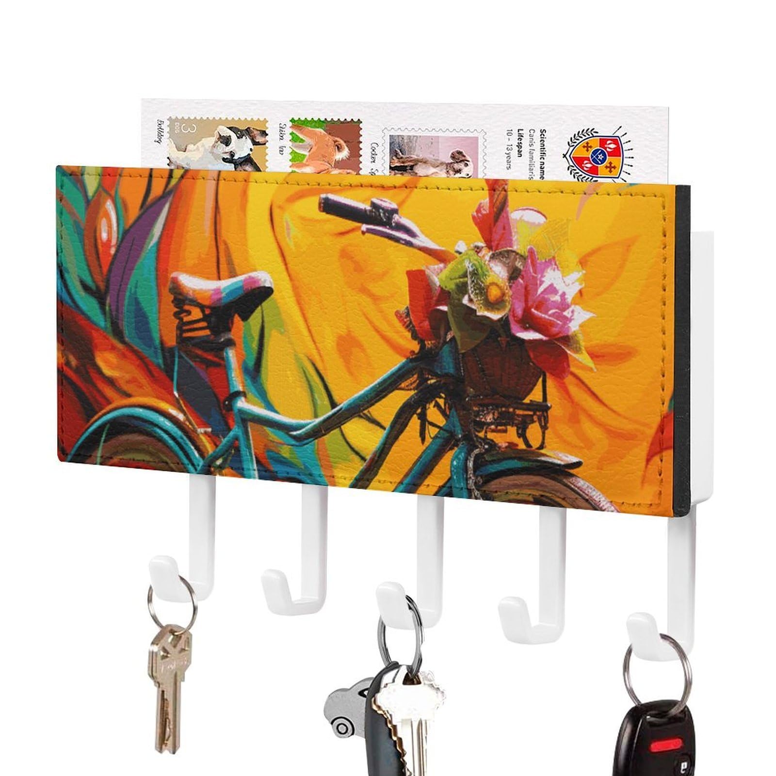 JTREHY Colorful Bicycle Holder Wall-Mounted Key and Mail Holder,Key Rack with 5Keys Hooks, Easy to Install Mail Organizer for Entryway, Front Door, Hallway, Office