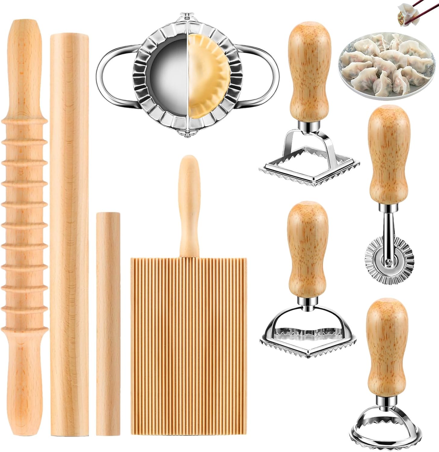 Pasta Rolling Set, Wood and Stainless Steel Board with Cutter and Wooden Rolling Pin for Dough, Homemade Pasta, Baking, Kitchen, Home, Cooking, Easy Use