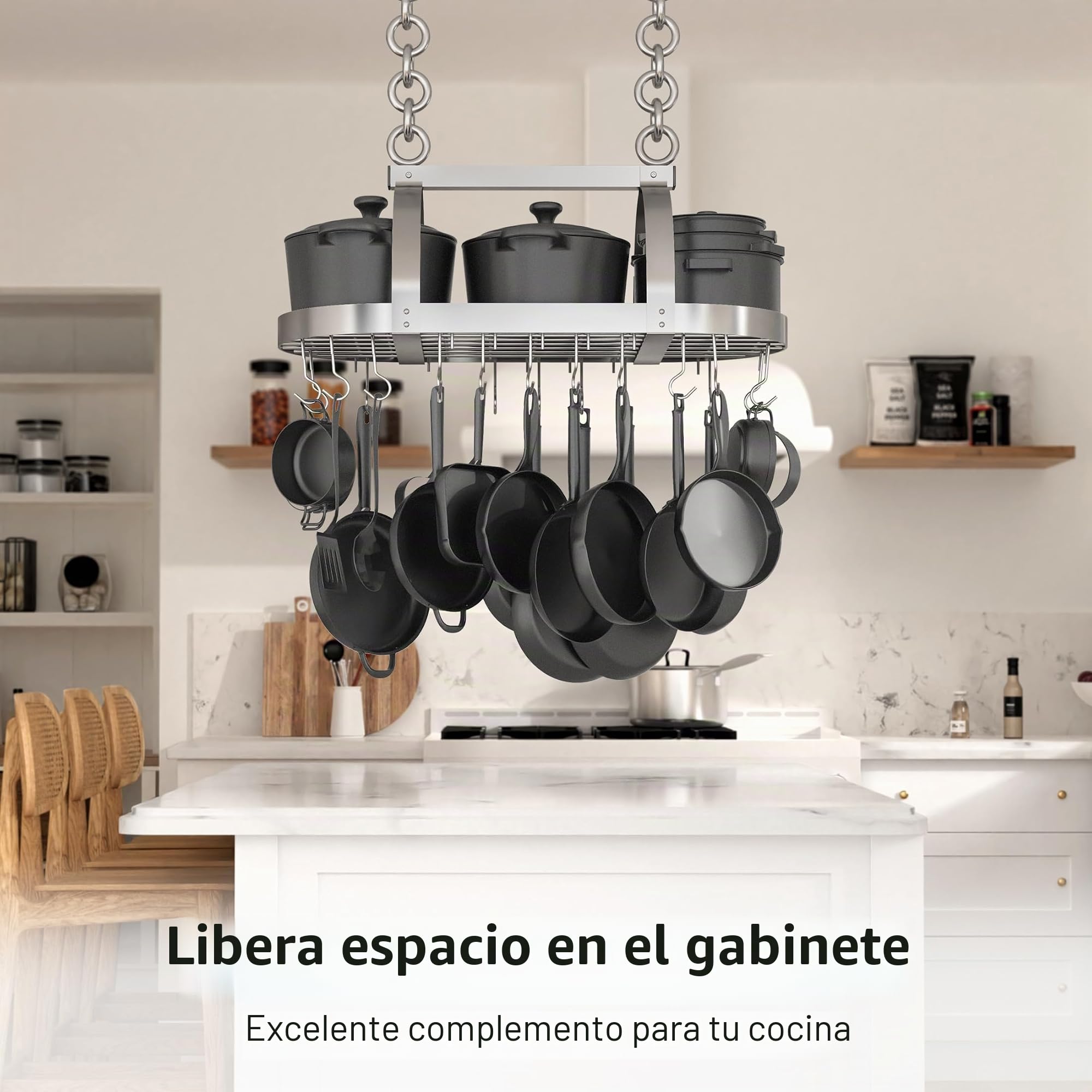 KES KUR221S85-CH - Soporte de techo cromado resistente de 86 cm, estante ovalado para colgar ollas y sartenes, organizador de almacenamiento de cocina con 20 ganchos en S (para vigas de techo de 16 y