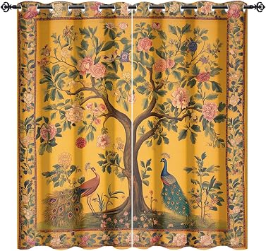 Watercolor Elegant Peacocks Curtains for Living Room Bedroom,Vintage Watercolor William Morris Floral Tree of Life Thermal Insulation Curtains Window Grommet 45" L x 21" W x 2 Panels Blackout