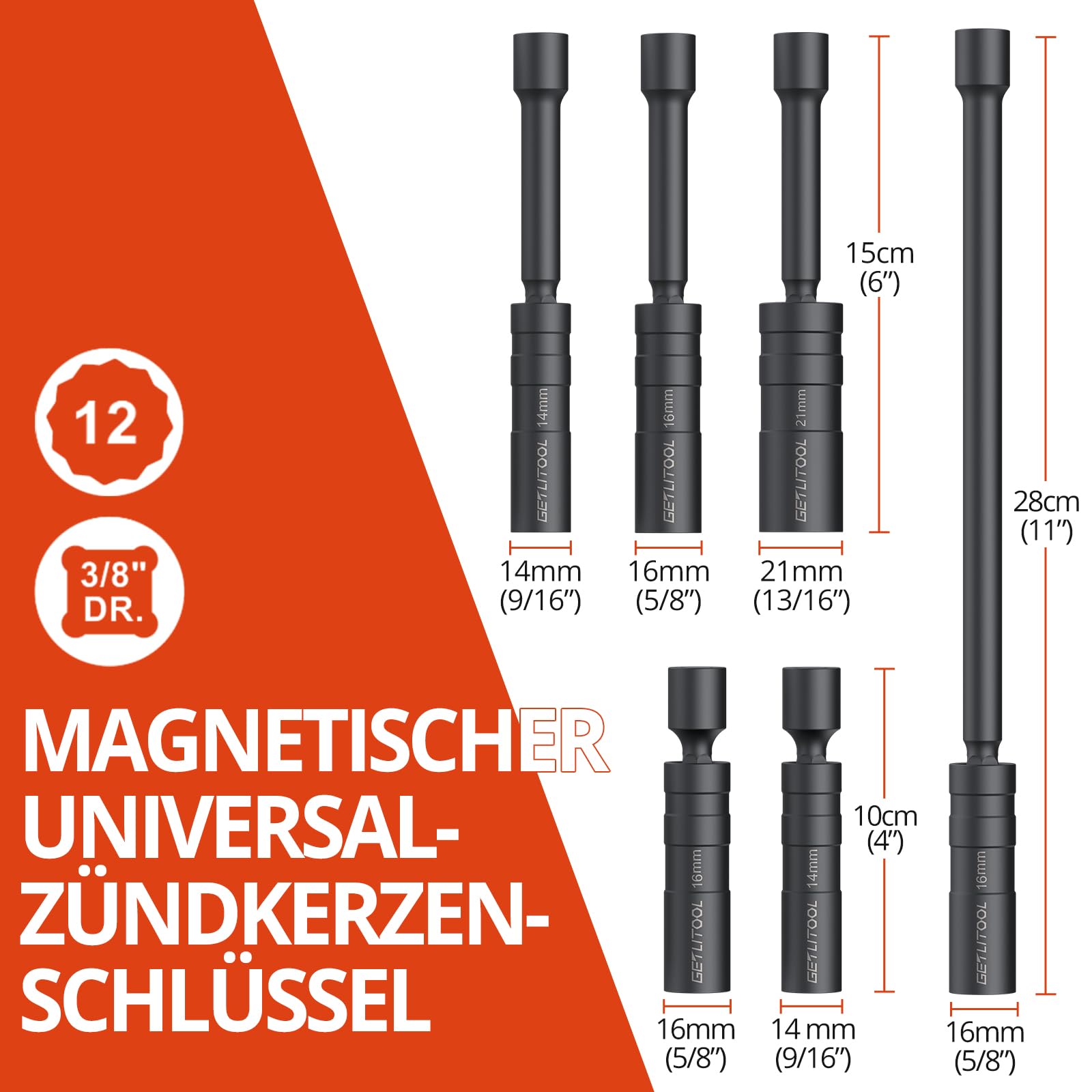 GETLITOOL 6pcs Llave Bujias con Adaptador 1/2" de CRV Durabilidad 14 mm,16mm,21mm