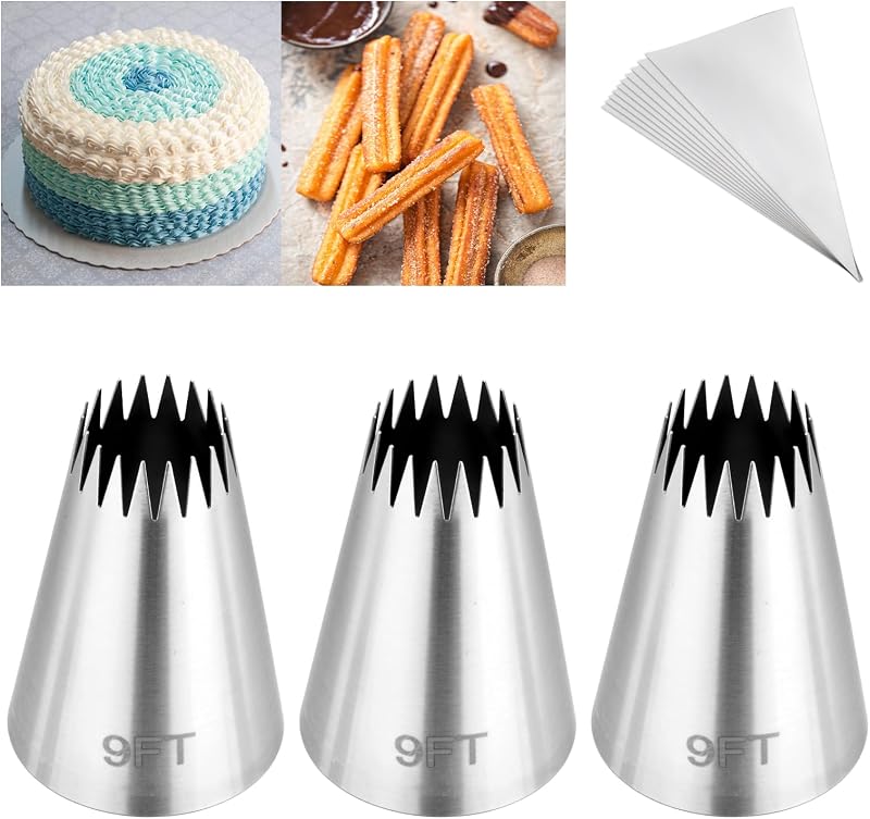 Juego de 3 mangas pasteleras y puntas para churro, puntas de glaseado de acero inoxidable de 9 pies con 10 bolsas desechables, puntas de pastelería de estrella abierta para decoración de pasteles