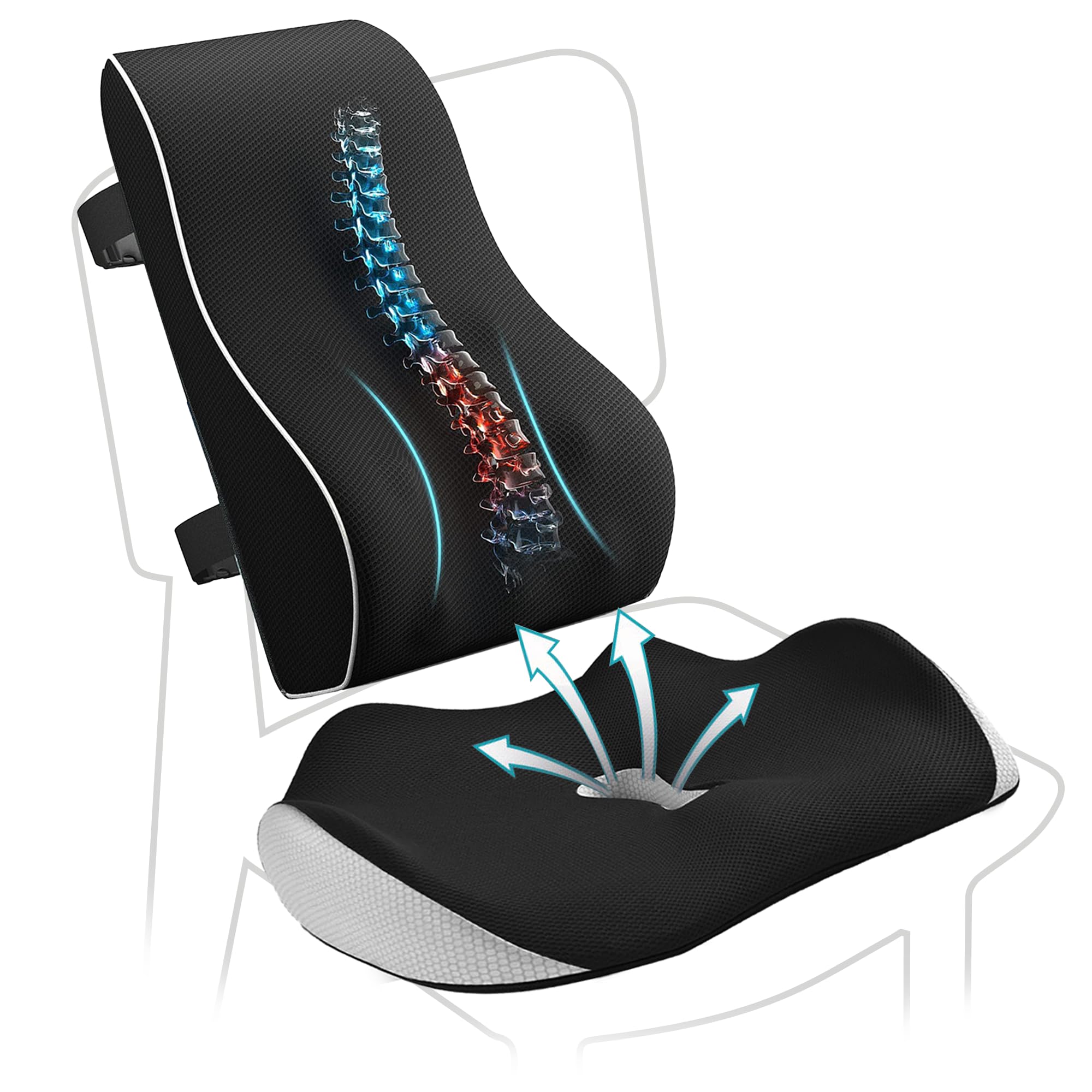 VIMACSA Set 2 Cojín Lumbar Alto + Cojín Coxis, Respaldo Lumbar Silla Oficina Ergonómico, Cojin de Asiento Antiescaras, Alivio Dolor Espalda y Ciática, Cojin Viscoelástico Espalda para Silla Gaming