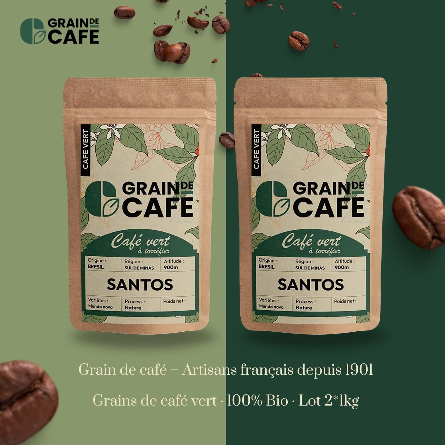 Graindecafé – Café Vert Brésil Santos 1kg | 100% Arabica Non Torréfié À Torréfier Soi-Même | Cru Du Sul De Minas | Doux Et Praliné | Café En Grain Idéal Machine À Grain Une Fois Torréfié