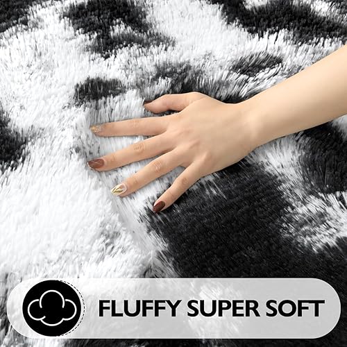 Miniatura 2 de EVOIONOS Alfombra redonda de teñido anudado blanco y negro, alfombra circular esponjosa de 4 x 4 pies para habitación de los niños, alfombra