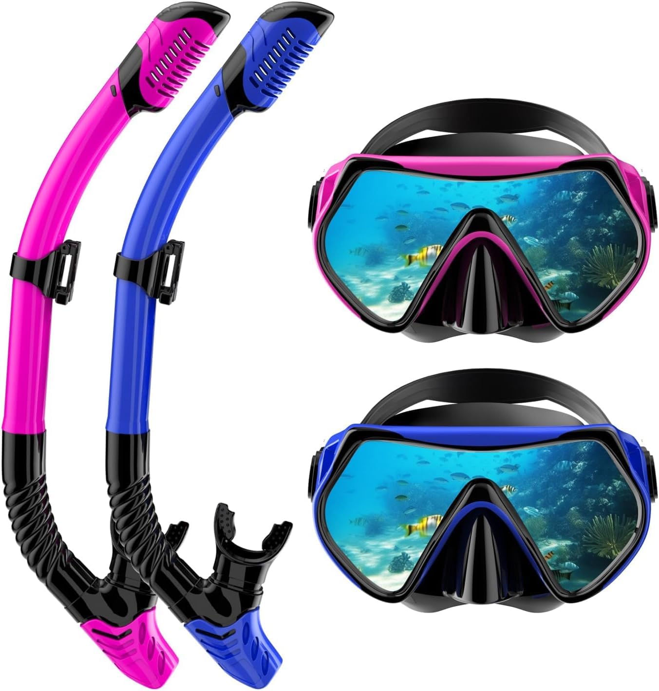 Diving Equipment for Adults, Dry Top Snorkel Set, Diving Mask, 180° Panoramic View, Professional Snorkel Equipment, Breathing Free Snorkel Mask (Purple Blue)