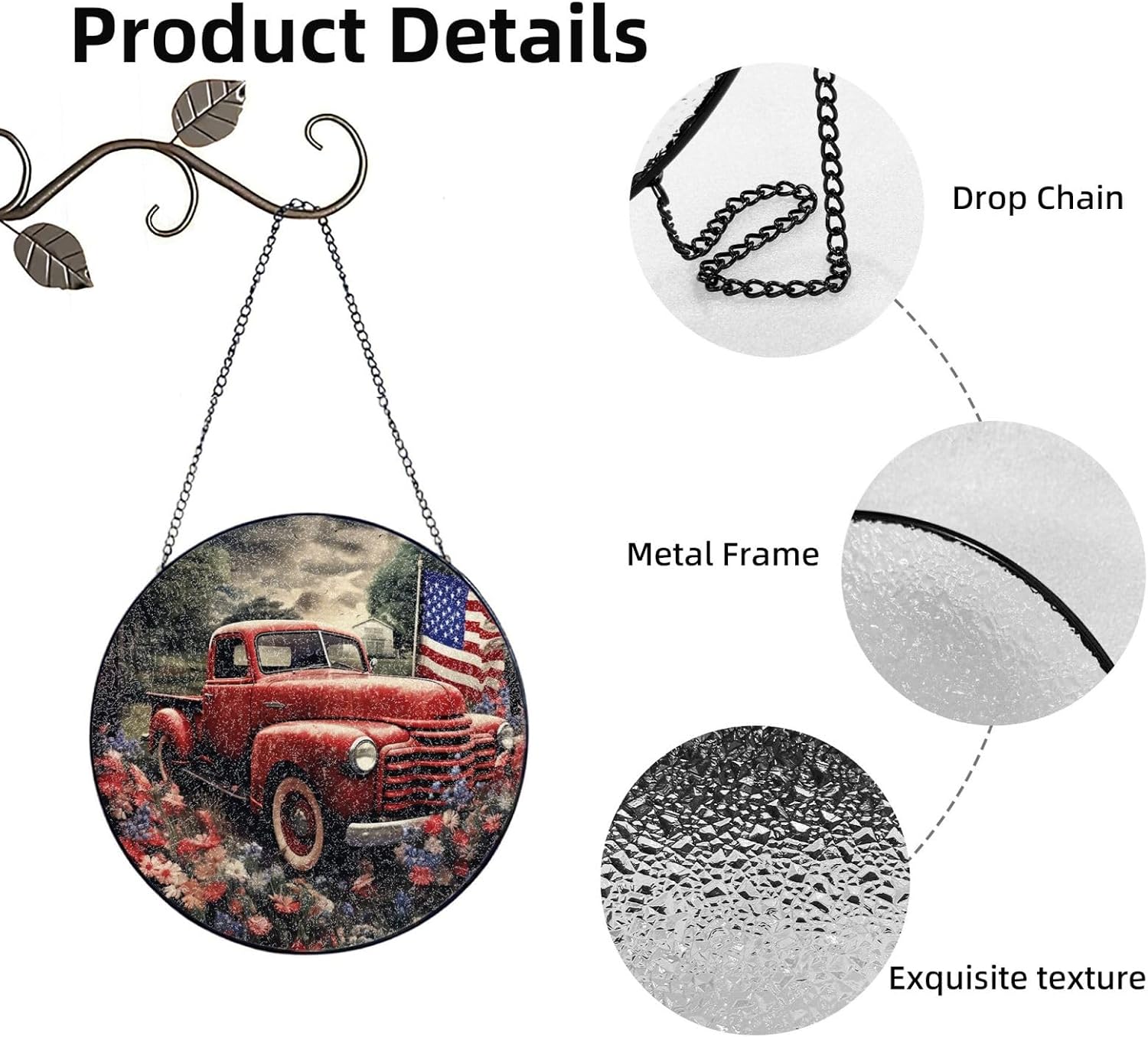 Stained Glass Window Hanging 6in（15cm）, 4th Of July Patriotic Old Red Truck Glass Suncatcher for Home Decor, Indoor Wall Art Glass Panel with Metal Chain and Hooks, Sun Catcher Ornament Birthday Gifts