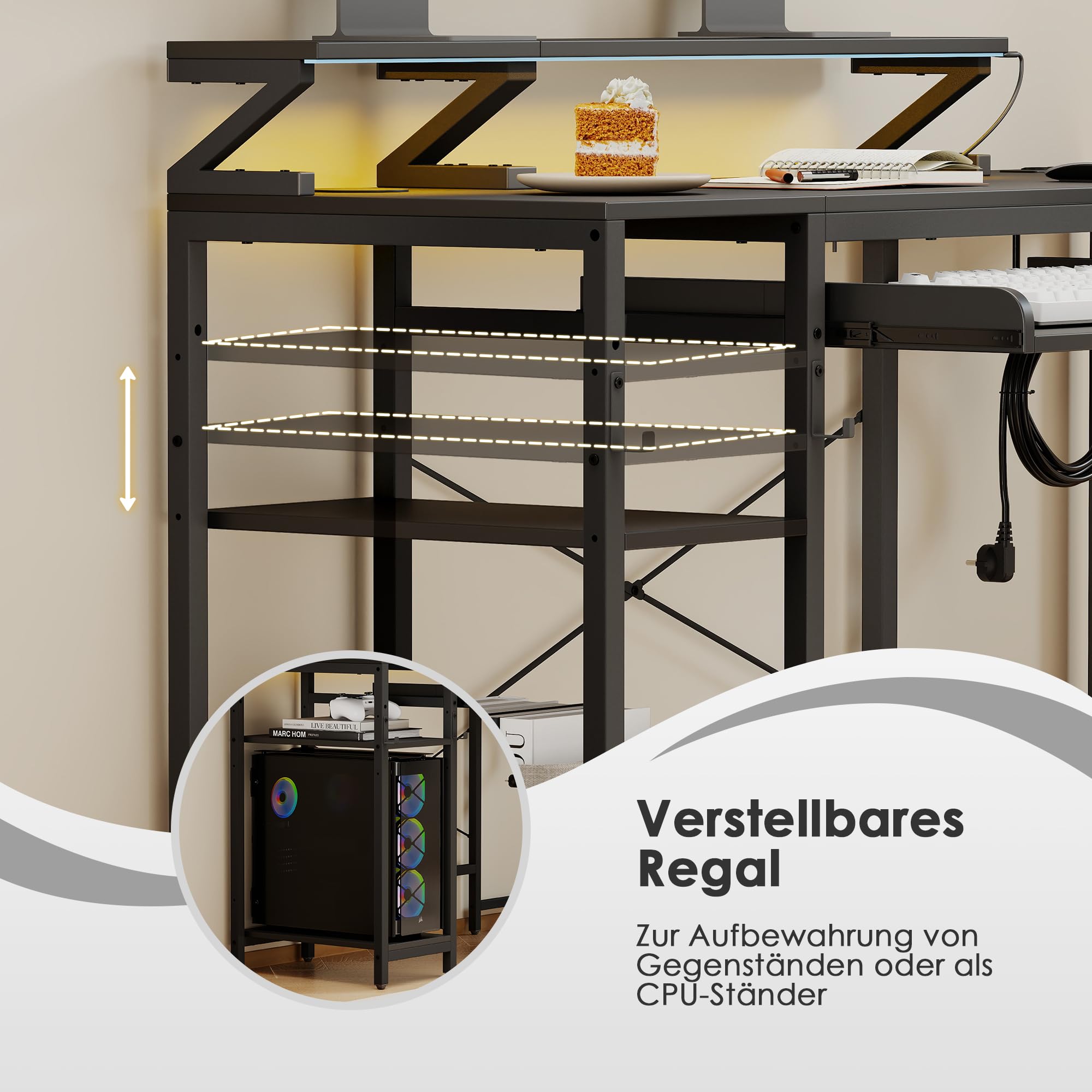 L-Förmiger Schreibtisch 140cm mit Tastaturauszug Gamingtisch mit USB-Ladeanschluss & Steckdose Computertisch mit RGB Beleuchtung & Schubladen für Arbeit, Studium, Freizei, Schwarz
