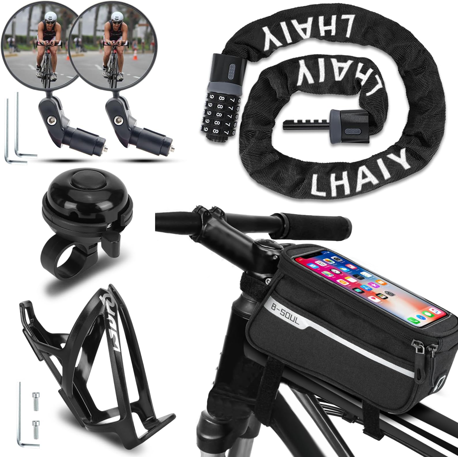 Bike Accessories with Bicycle Front Headlight and Back Taillight, Bike Frame Bag, Bike Lock, Bike Bottle Holder, Bike Bell for Kids Men Women Mountain Road Bike Bicycle