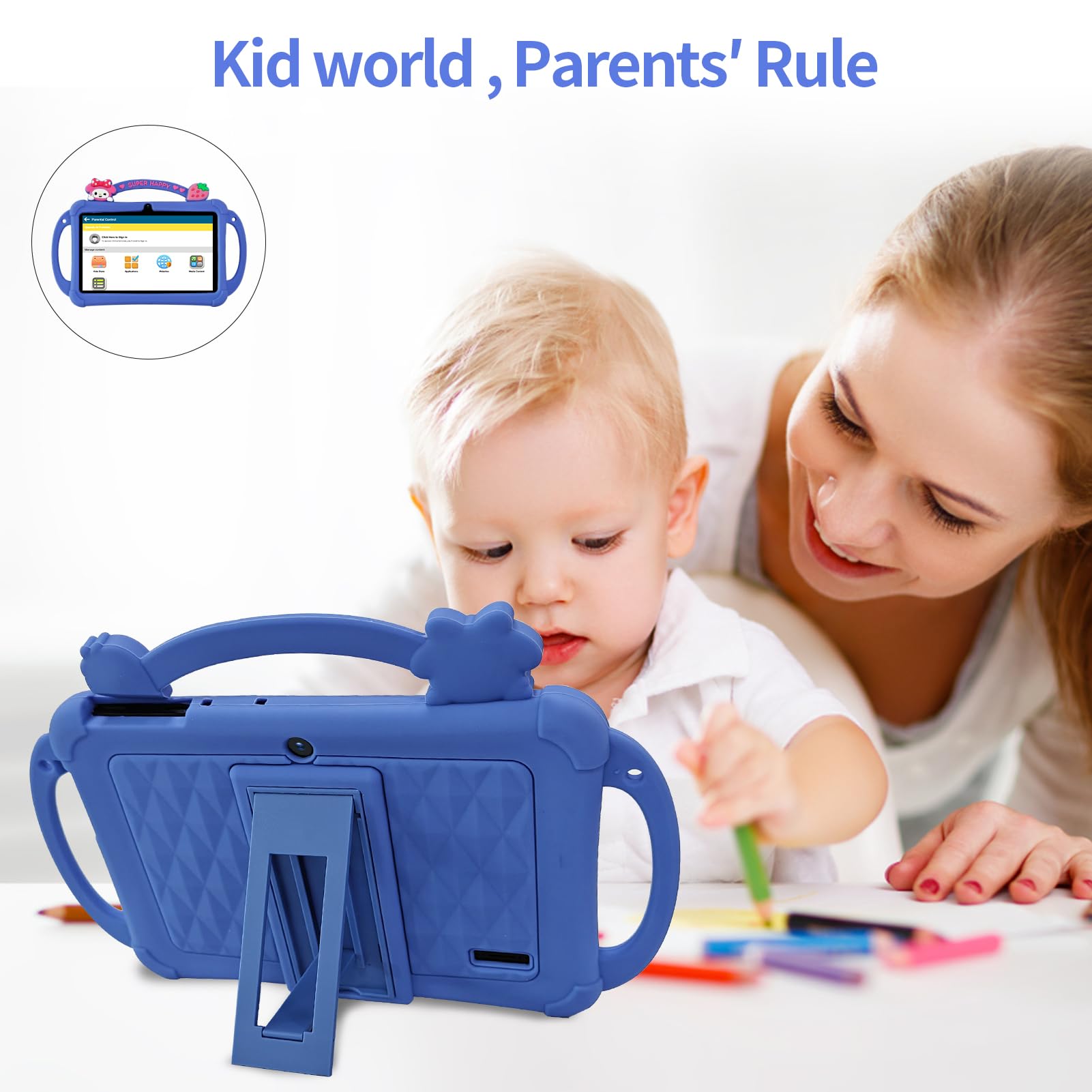 PRITOM Tablet per bambini da 7 pollici, tablet WiFi per bambini, 32 GB ROM, espandibile a 512 GB, tablet per bambini piccoli, sicurezza bambini, Bluetooth, doppia fotocamera, app di apprendimento e