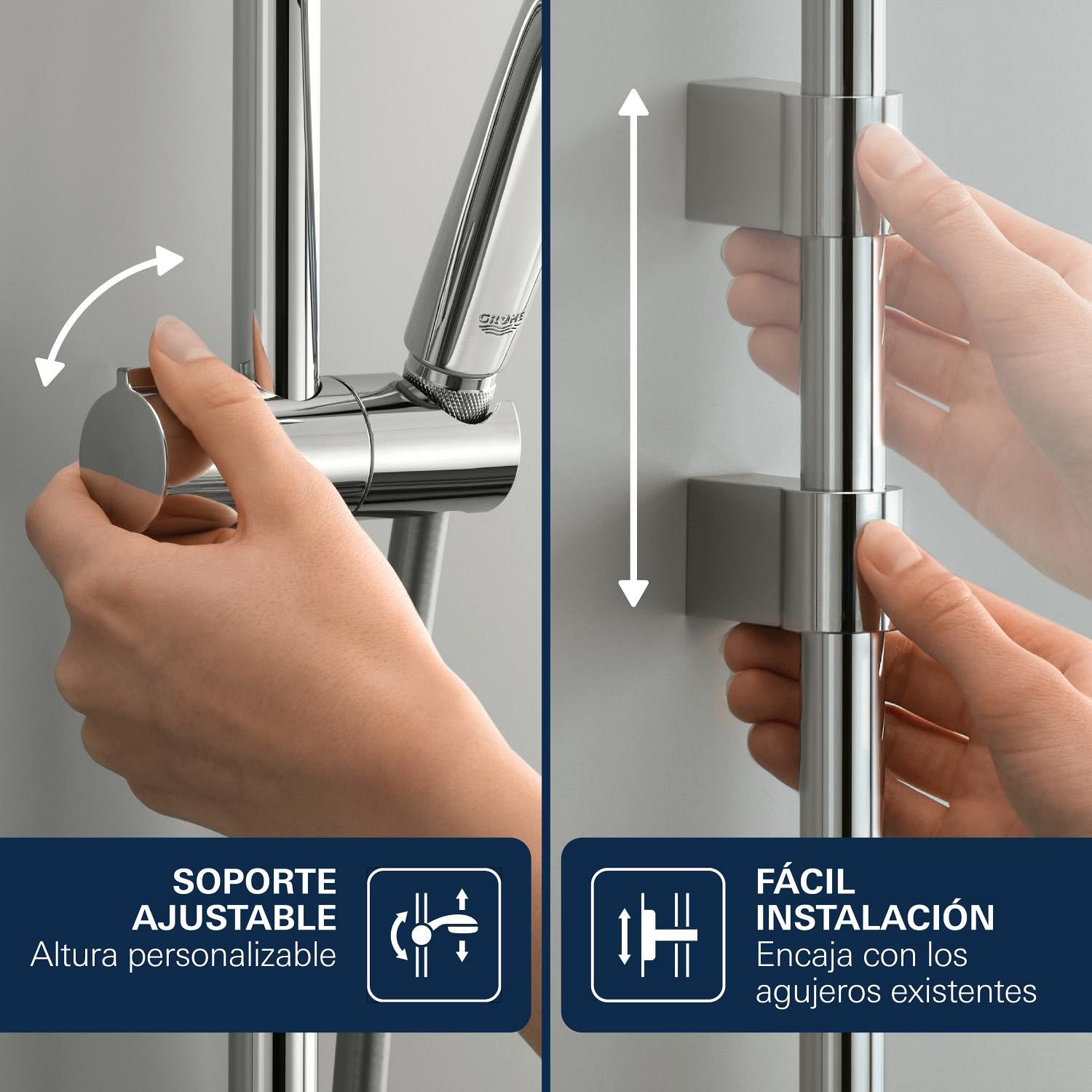 GROHE Vitalio Joy 110- Conjunto de ducha (teleducha 11 cm con 3 chorros, barra ducha 62 cm, soportes de pared metal, flexo 1,75 m, menor consumo agua, instalación QuickGlue), cromo, 27333000