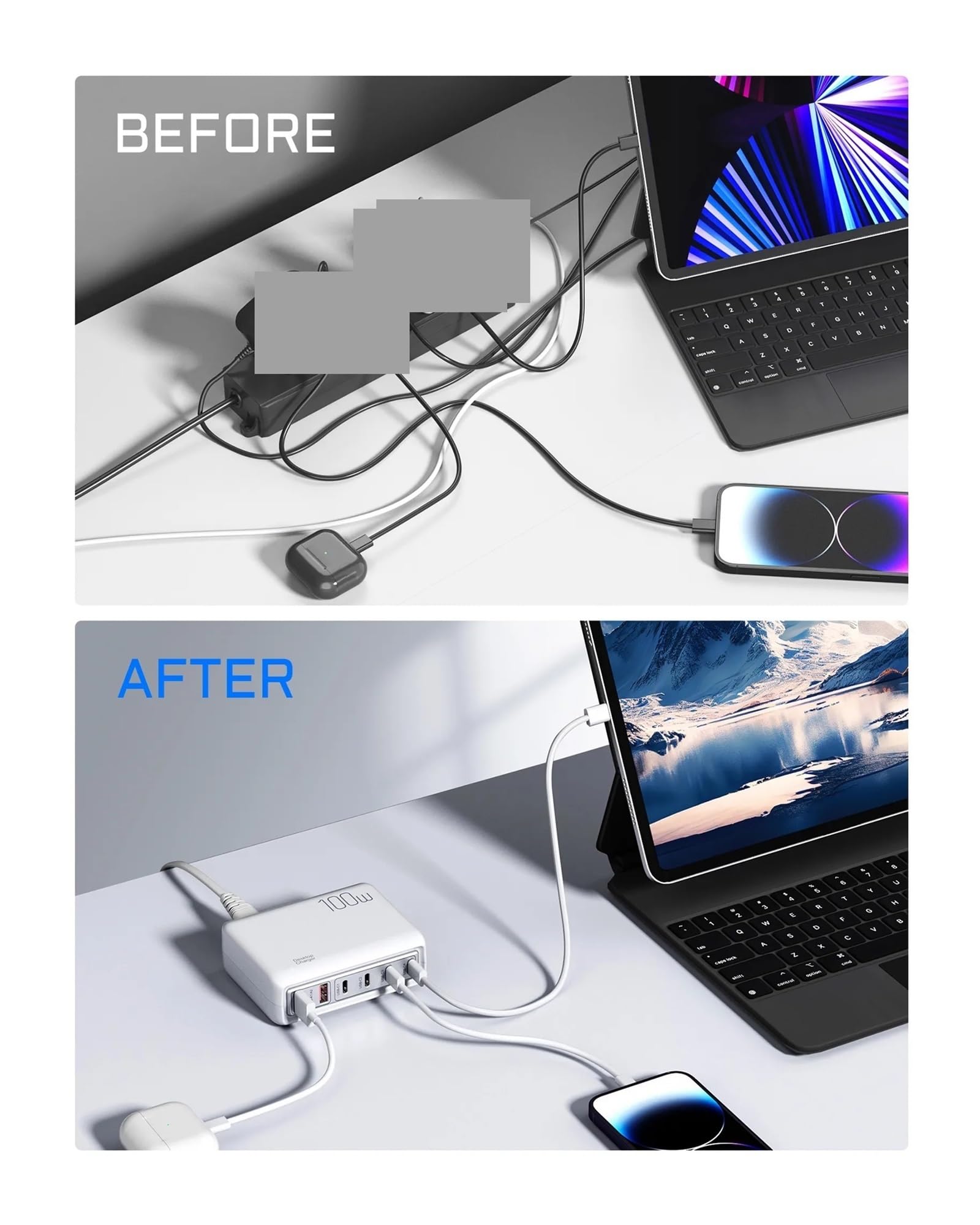 Rapide Chargeur, Chargeur USB 100W Type C PD Charge Rapide Plusieurs 6 Ports Chargeur de Bureau Station Chargeur de téléphone,Chargeur USB Voyage/Haute Vitesse
