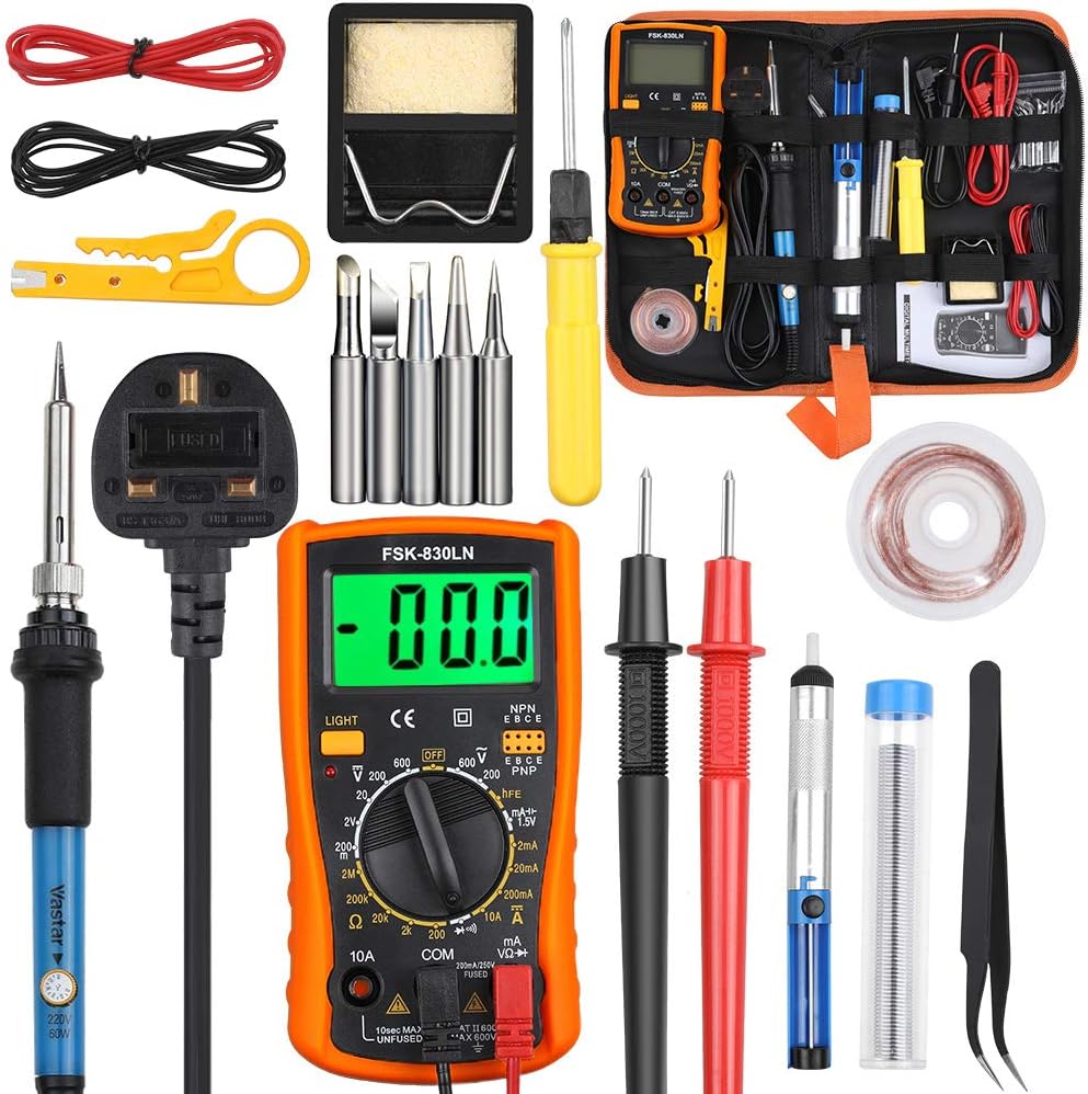 Vastar Soldering Station, 60W Adjustable Temperature Soldering Iron Gun Kit with Digital Multimeter, Desoldering Pump, Soldering Station, Tweezers, Soldering Iron Holder (14pcs Set)