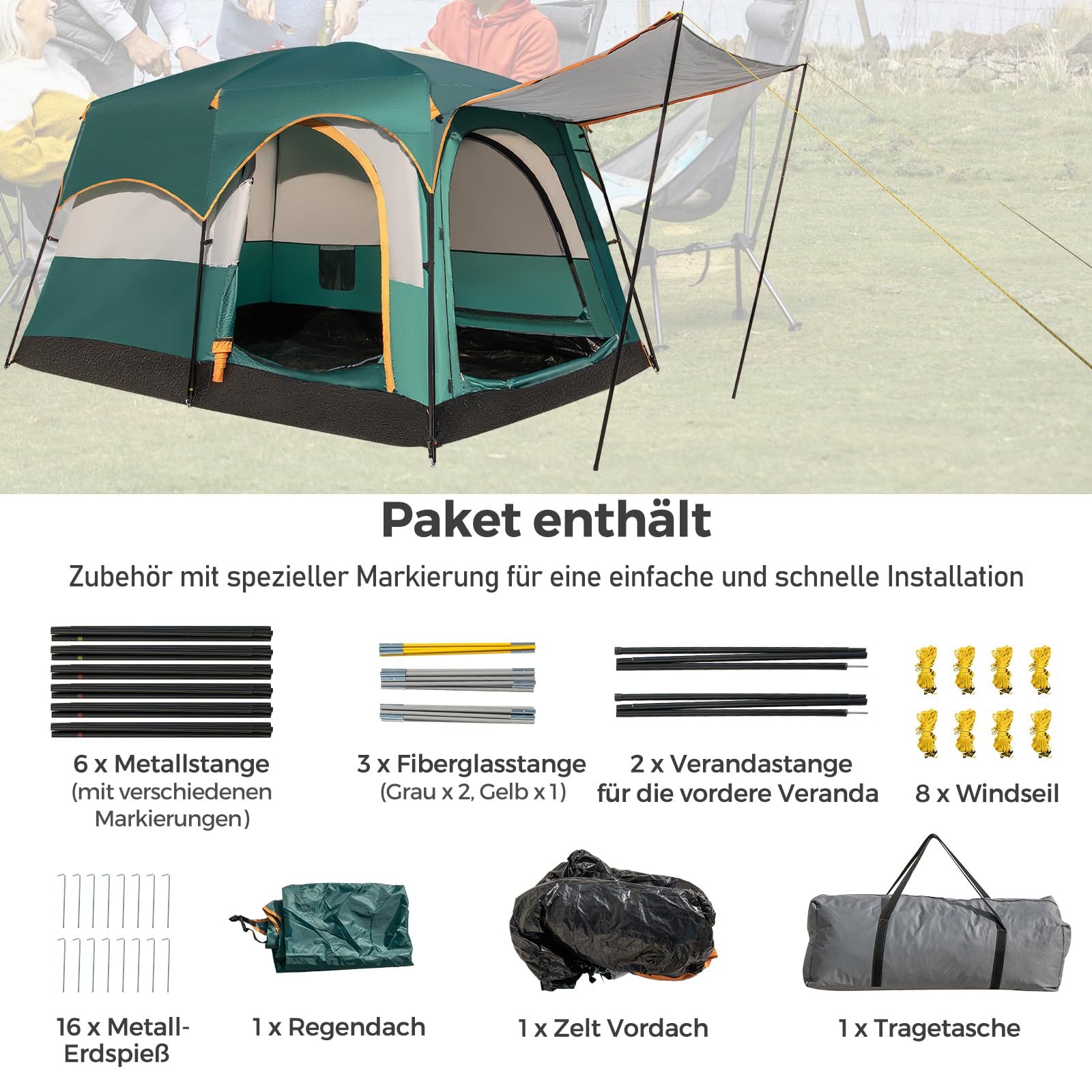 FANTASK Tenda da campeggio per 4-6 persone, grande tenda a tunnel con borsa per il trasporto, per campeggio, tenda con tenda e divisorio per 2 stanze, impermeabile, blu