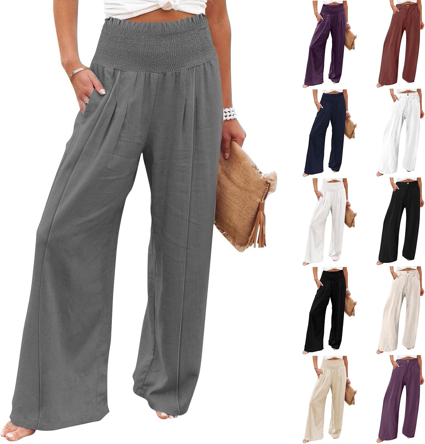 Cotton Linen Pants for Women Summer Flowy Palazzo Pants Dressy Business Casual Work Pants Boho Travel Pants w/Pockets