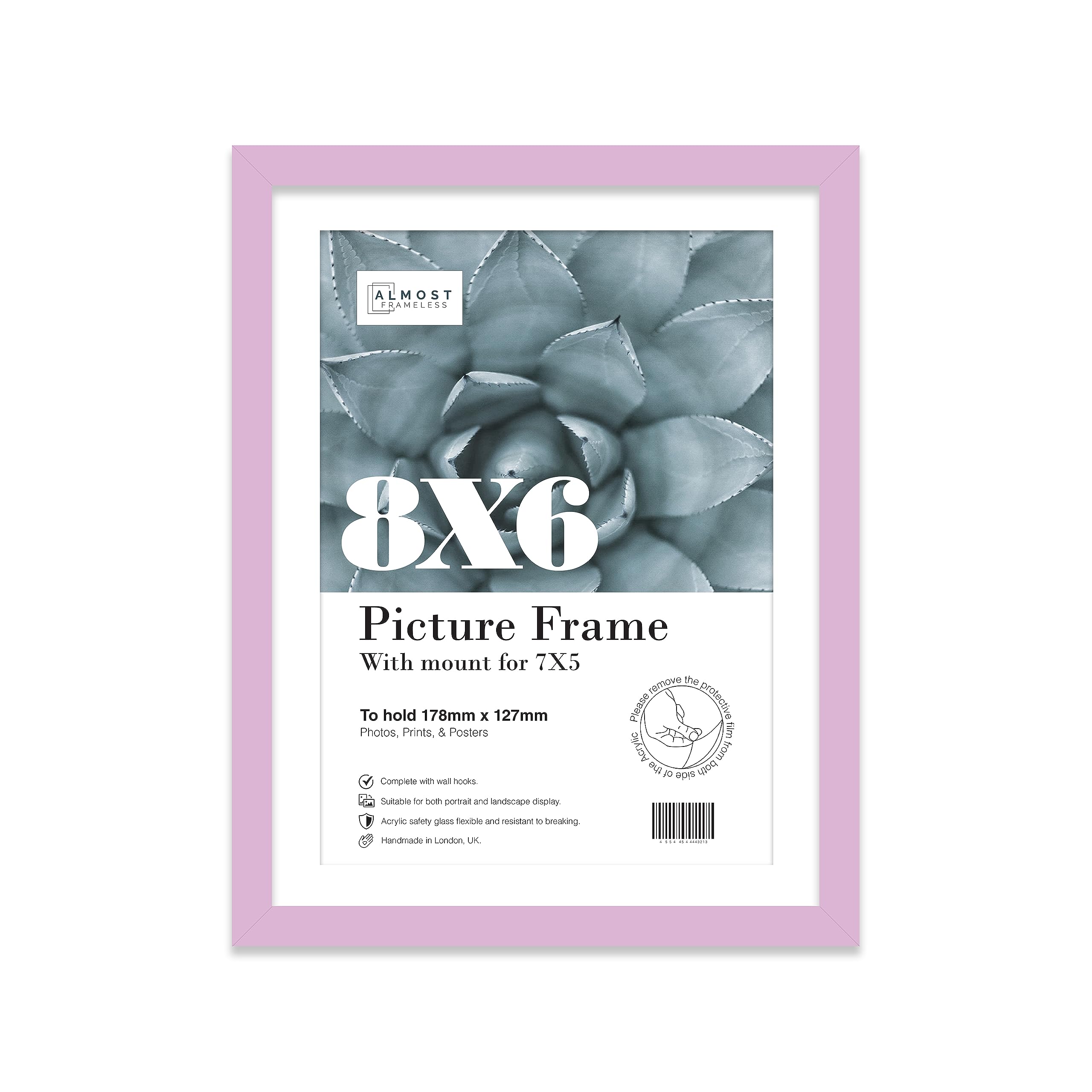 Almost Frameless 8x6 Lilac Picture Frame With Mount for 7x5 Print, Poster or Photo Poster, Photo, Artwork, or Print. Thin Edge Slim Frame Portrait and Landscape Display with Wall Hooks