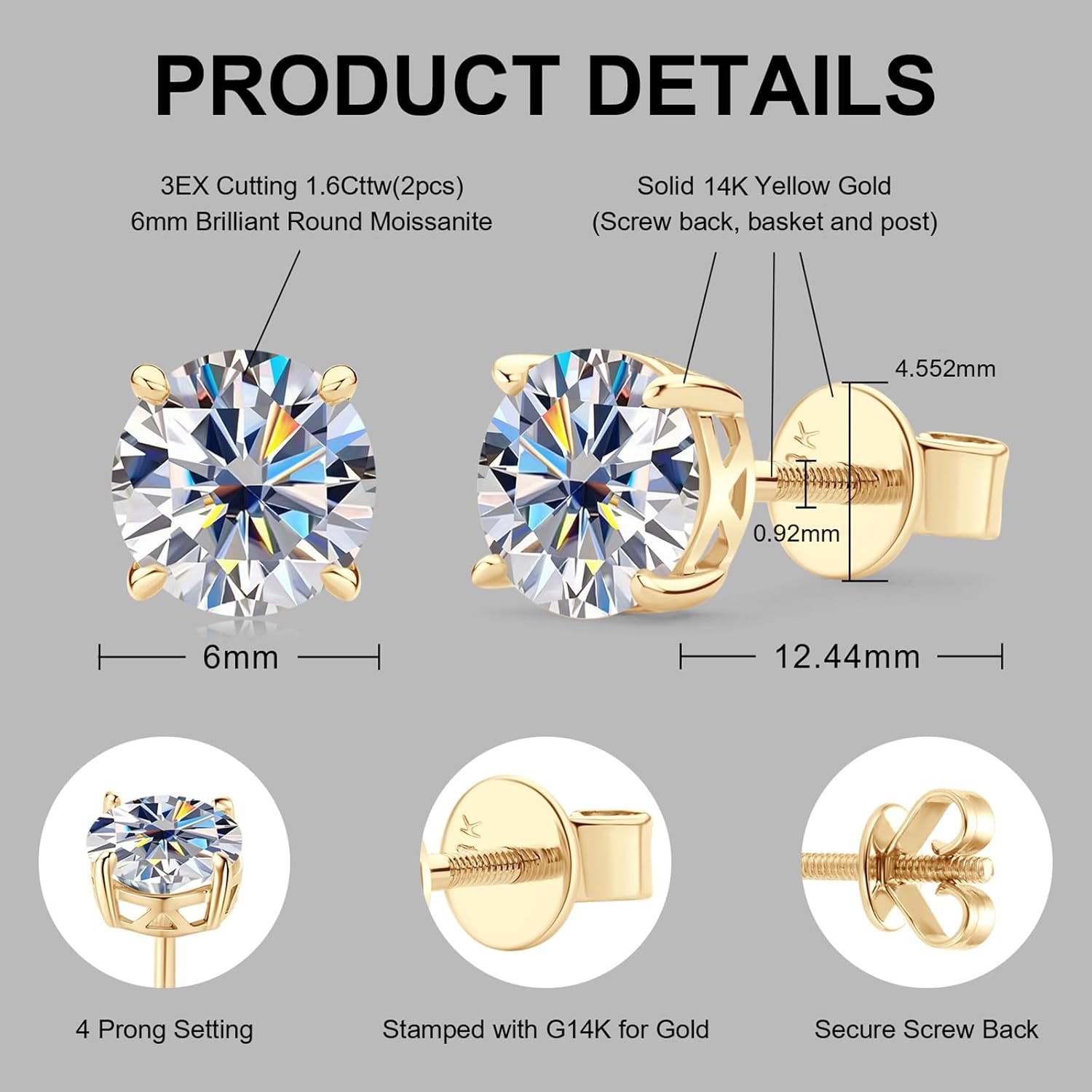 10K or 14K Solid Gold Studs Moissanite Earrings for Men | 1-2 Carat Round Lab Created Moissanite Simulated Diamond Real Gold Stud Earrings Screw Backs for Women - Image 2