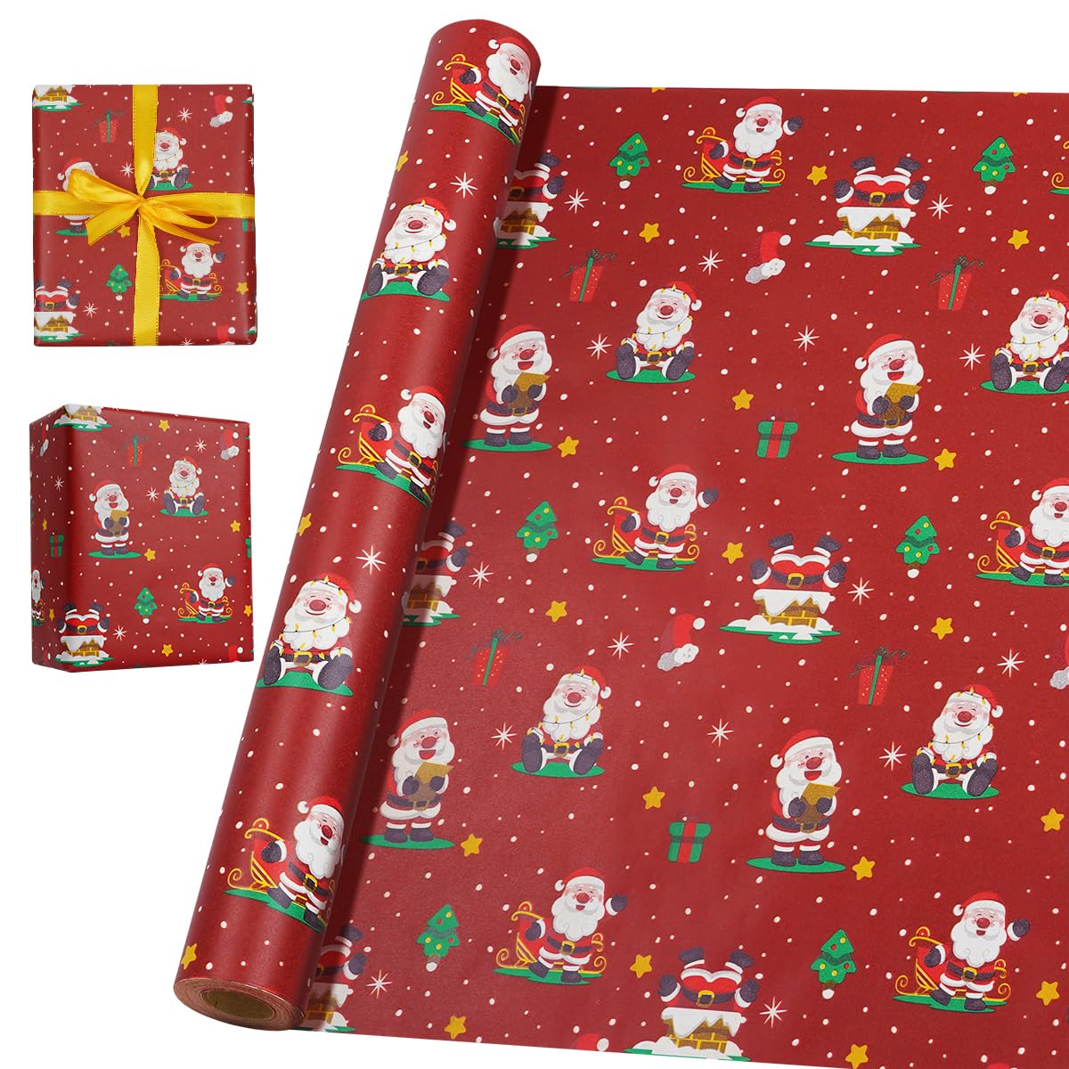 16M Red Gift Wrapping Paper Roll, 43cm Recyclable Kraft Paper Print with Santa Claus for Christmas, Birthday, Baby Shower, Party Gift Decoration โ image 1