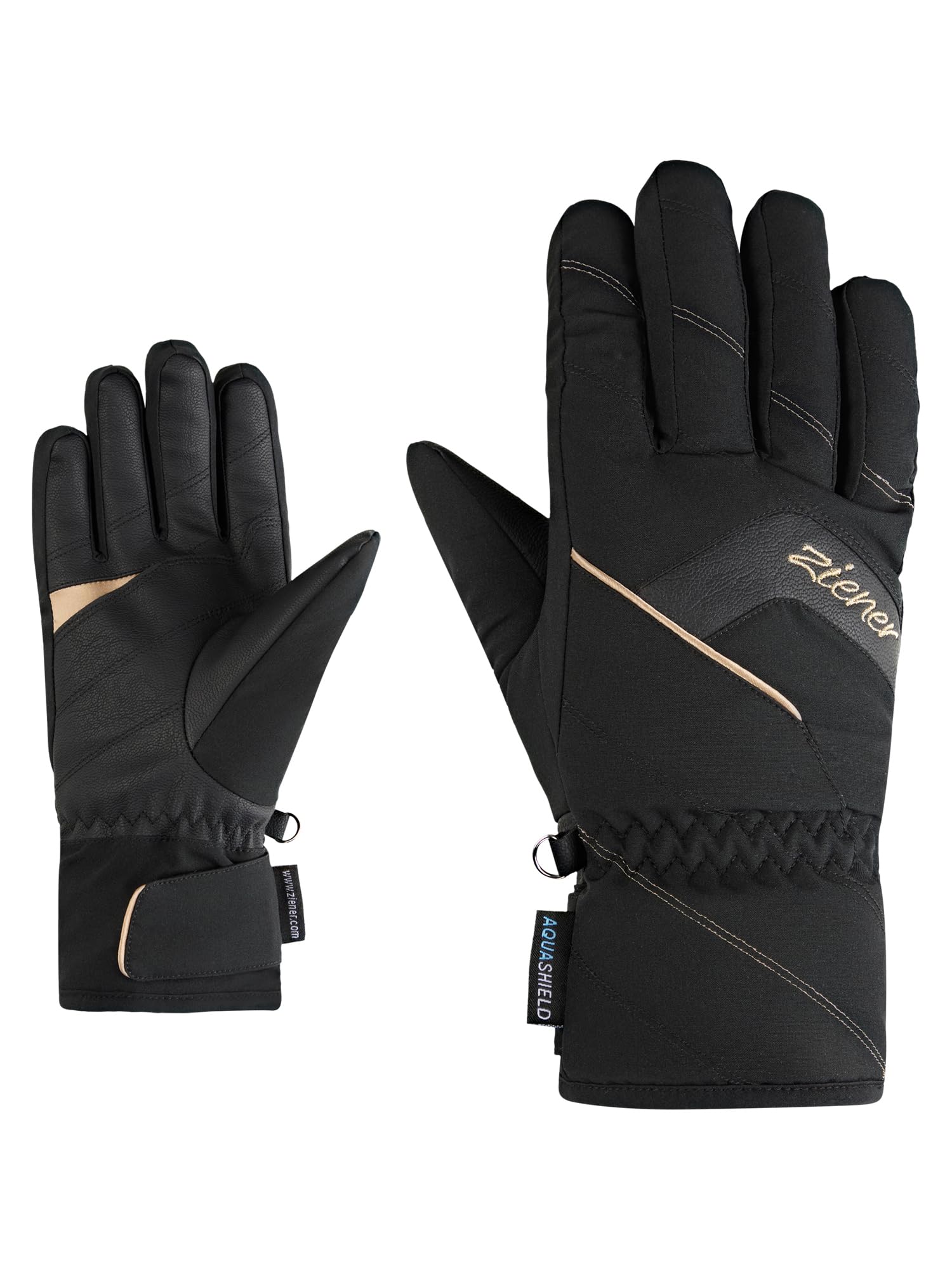 Ziener KARION-Z Gants de Ski/Sports d'hiver pour Femme - Imperméables - sans PFC - Noirs et dorés - Taille 7,5