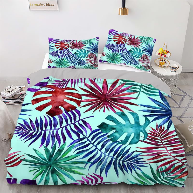 Parure de lit 140x200 motif feuilles cyan pour une chambre style nature
