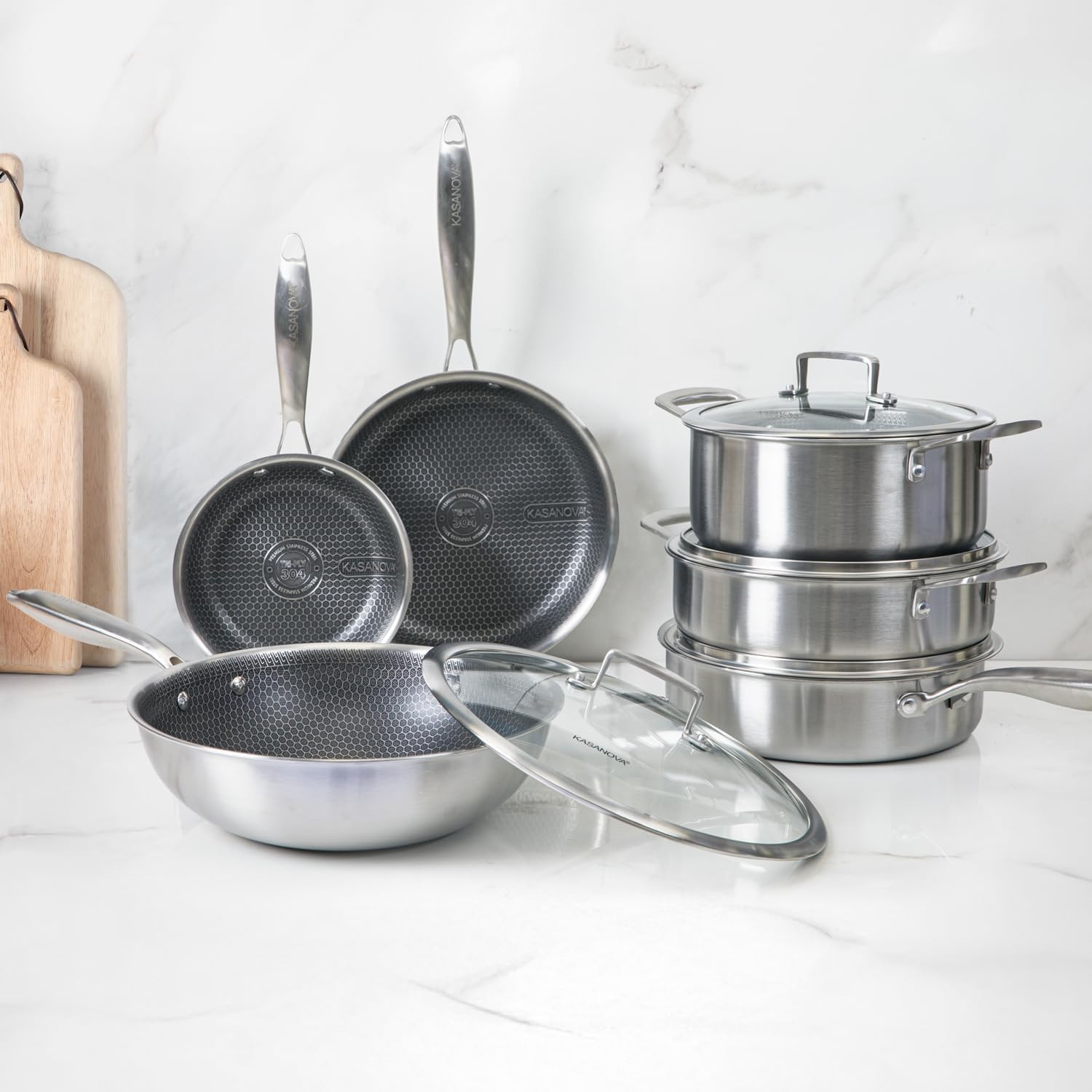 10-piece Tri-Ply Stainless steel cookware set, Professional-grade Tri-Ply construction, Metal utensil safe, Induction pots and pans set, oven-safe 428°F