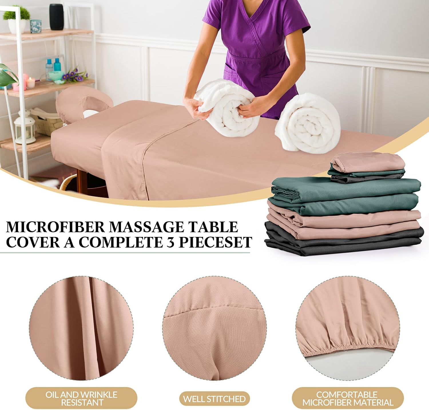 Kinlop 3 Sets Microfiber Massage Table Sheet Set 3 Colors 3 Piece Set Includes Massage Flat Sheet Fitted Sheet and Massage Face Rest Cover Stain Wrinkle-Resistant(Pink, Gray, Green)
