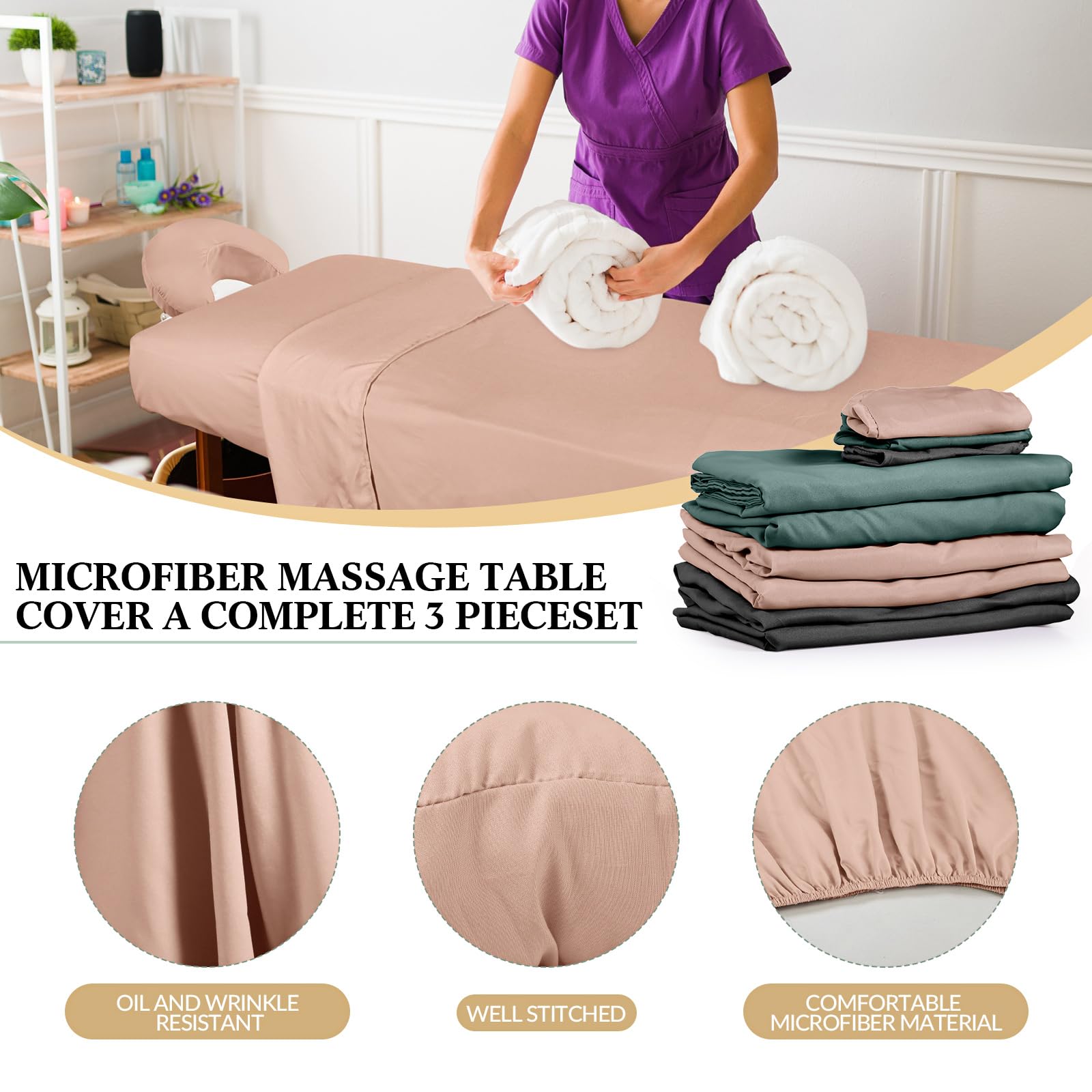 Mikrofaser-Massageliegen-Bettlaken, 3-teilig, 3 Farben, flache Massageliegenabdeckung, leicht, weich, Massage-Spannbetttuch, Massage-Gesichtsauflage, Bezug für Schönheitssalon, Spa (Rosa, Grau, Grün)