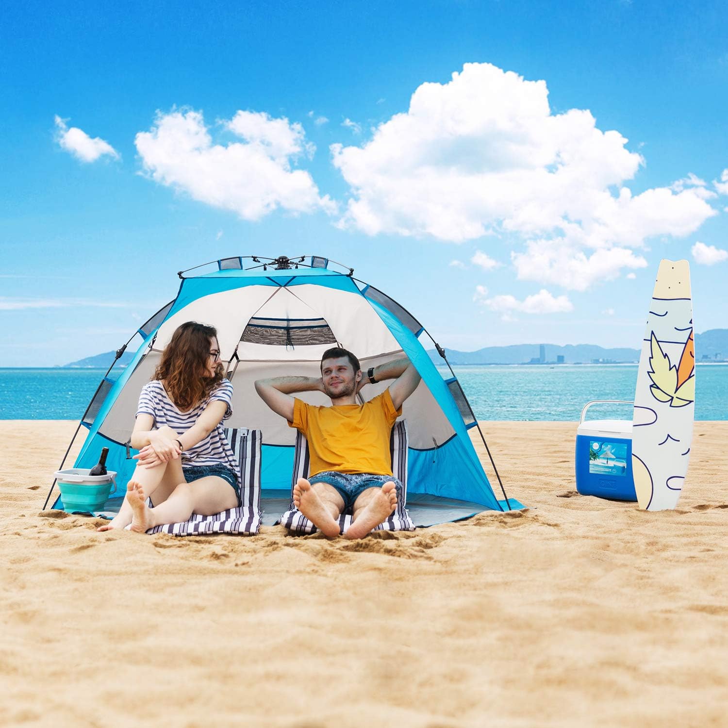 QUICK-UP Beach Tent Pop Up with Sand Pocket for 2-3 Person, Easy Setup Sun Shelter Shade, UPF 50+ UV Protection, Lightweight & Portable Beach Umbrella, Extended Floor&3 ventilating Windows Blue