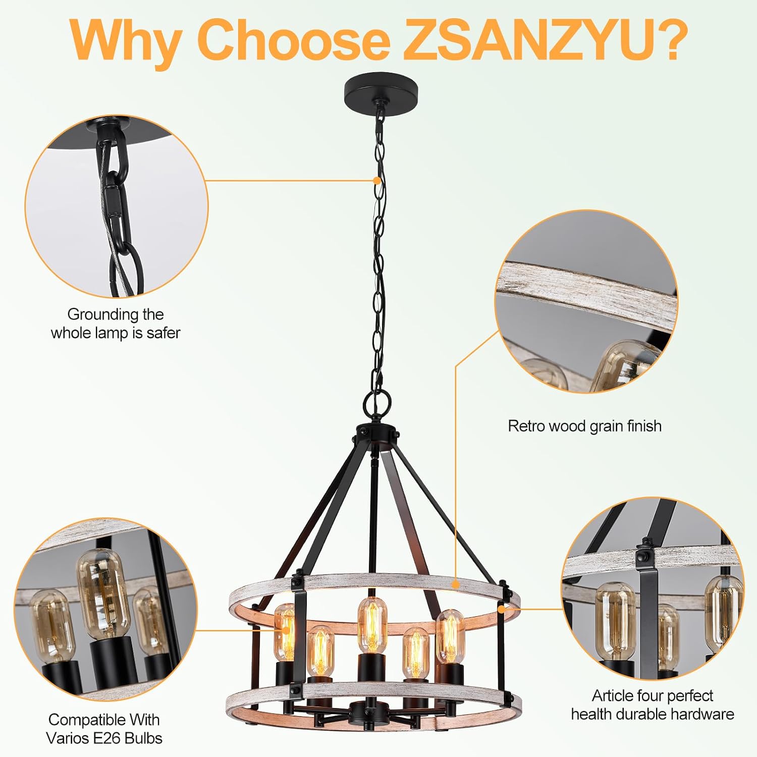 5-Light Farmhouse Chandelier, E26 Base Rustic Black and Wood Finish Chandeliers for Dining Room, Adjustable Height Hanging Chandeliers Light Fixture for, Entryway, Living Room