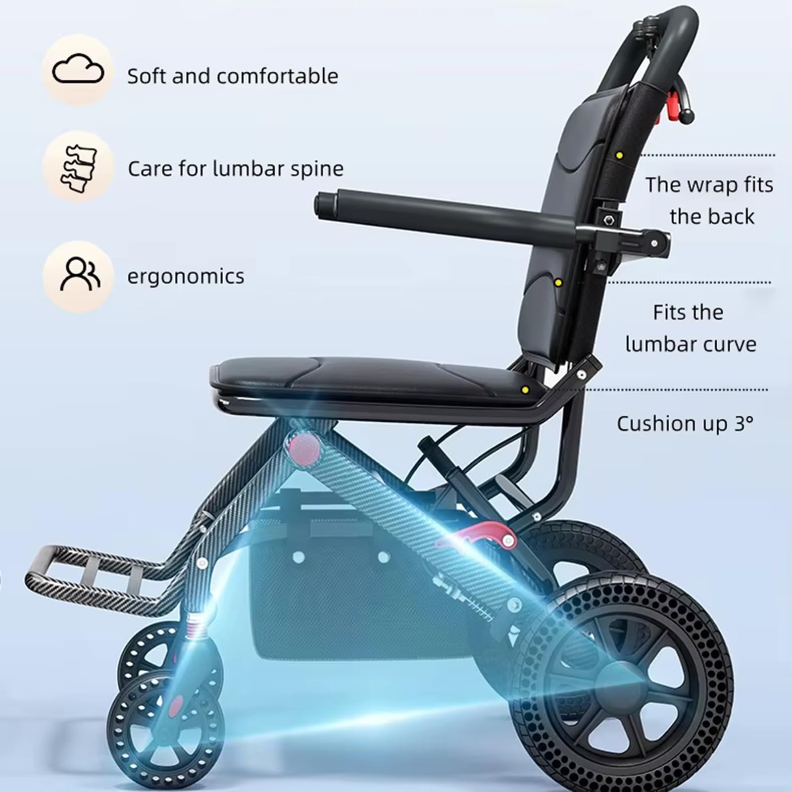 Silla De Ruedas De Transporte Todoterreno, Silla Ligera Y Plegable para Adultos Y Personas Mayores, Capacidad De 100 Kg, Portátil con Cesta De Almacenamiento, Fibra De Carbono, Color Negro
