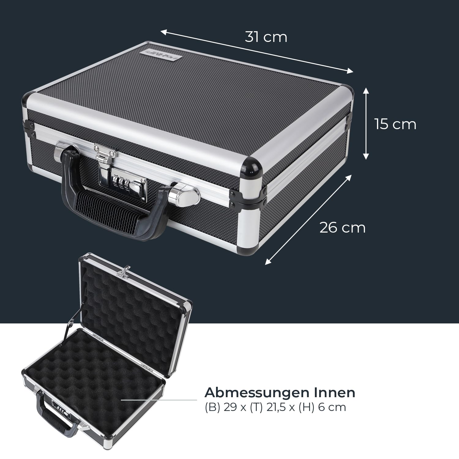 HMF 14401-02 Alu Waffenkoffer für Pistolen mit Zahlenschloss | 31 x 26 x 11 cm | Schwarz
