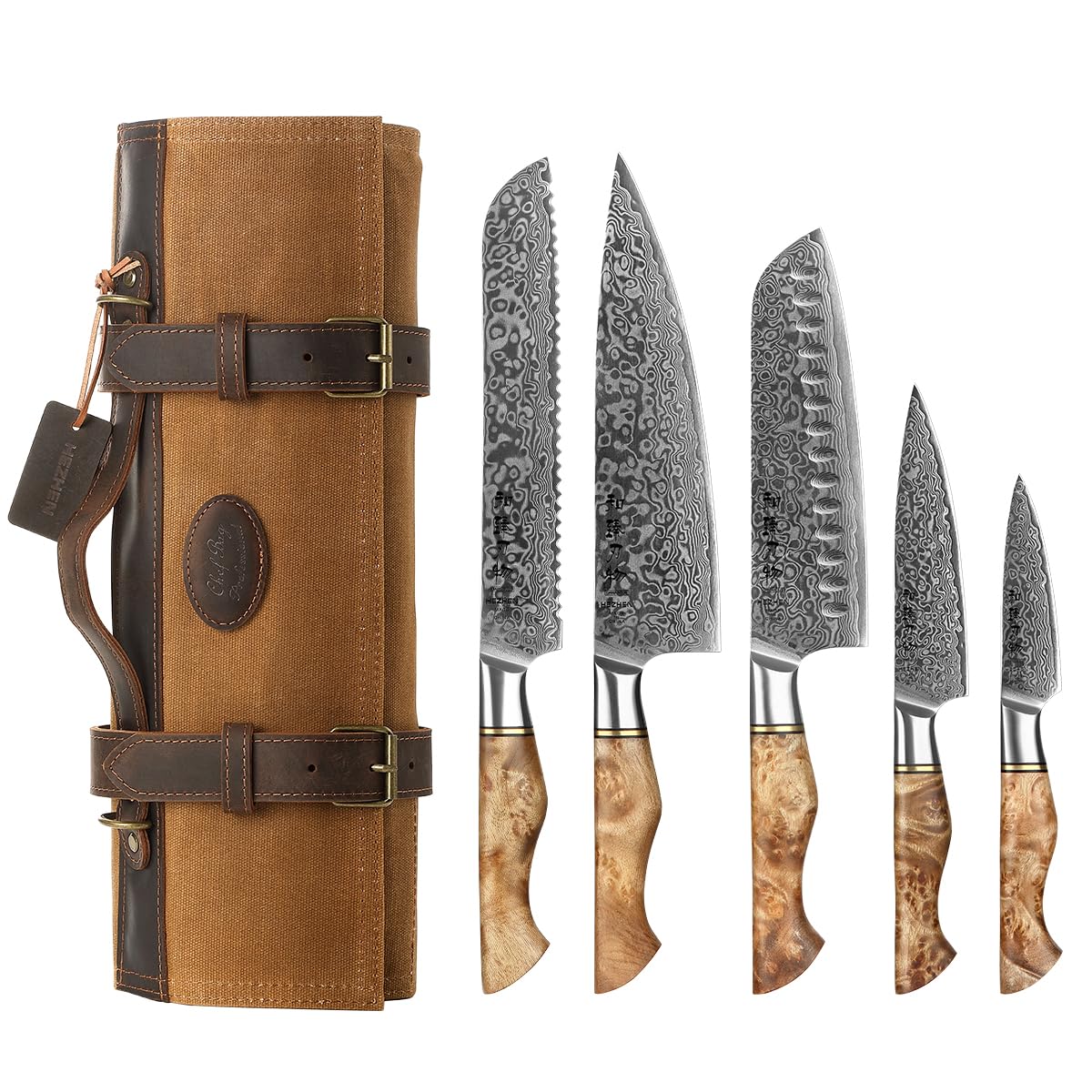 HEZHEN 5 Piezas Set Cuchillo Cocina de Acero de Damasco con Bolsa de Lona para Cuchillos