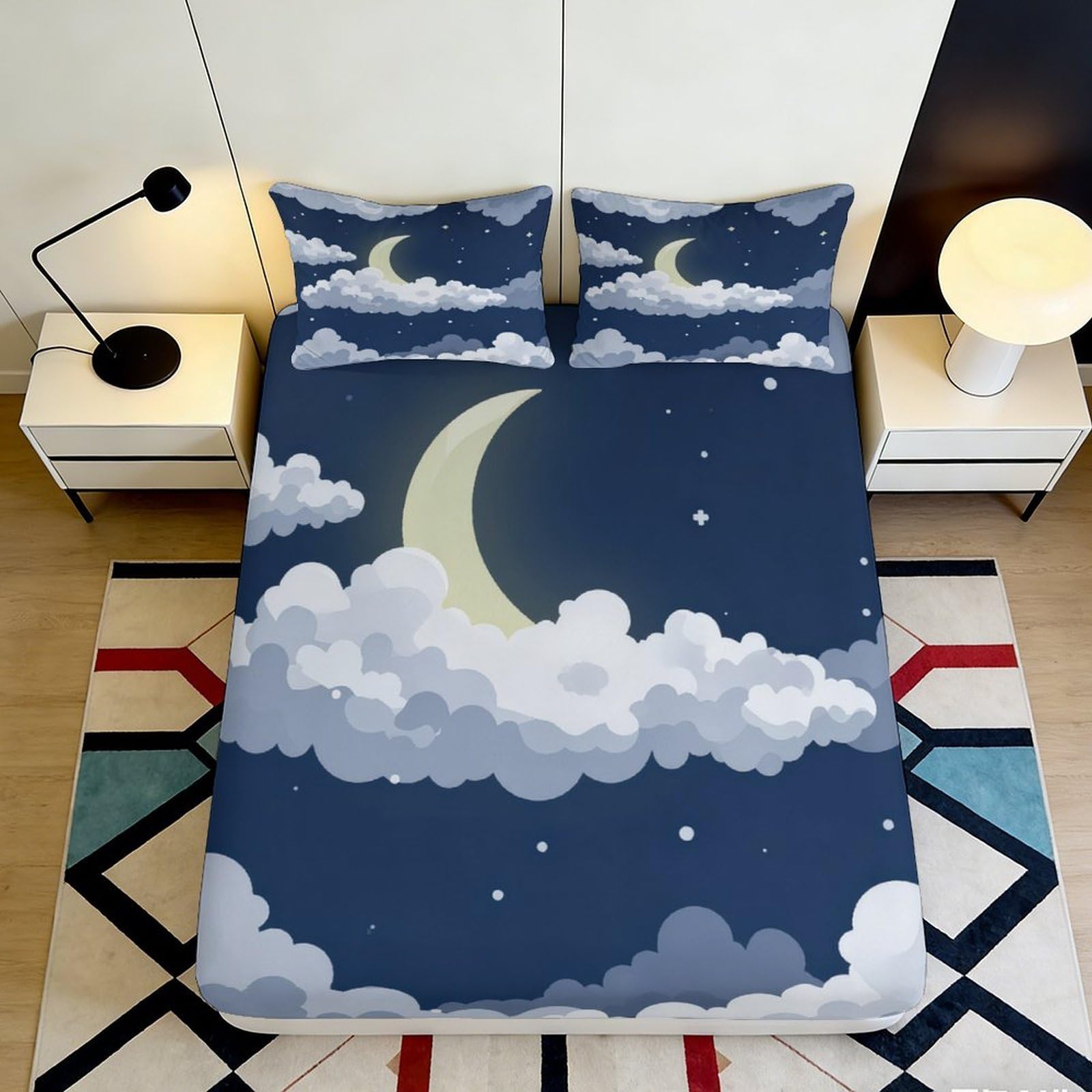 3D Printed Moon Clouds Fitted Sheet Microfiber Soft Breathable Night Sky Mattress Cover for Bedroom Guest Room Decor 180x200x25cm