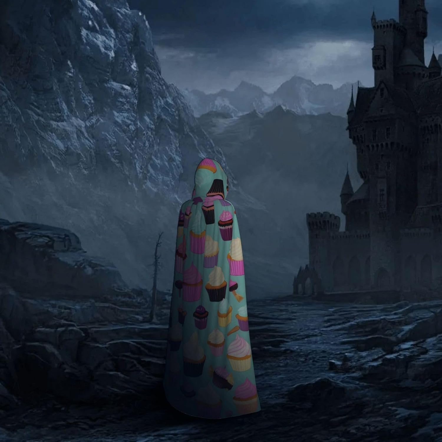 Cupcake Pattern print Hooded Robe Cloak for Adult Halloween Wizard Vampire Cosplay Costume Fancy Cool Cape