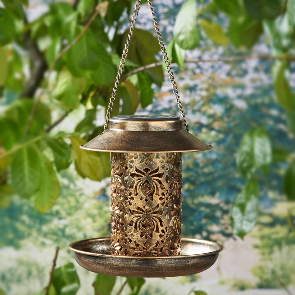 New Gold Solar Light Bird Feeder Solar Powered LED Bird Feeder for Yard Outside Outdoor Garden Decoration Hanging Birdfeeder Oudoor Decor -A63