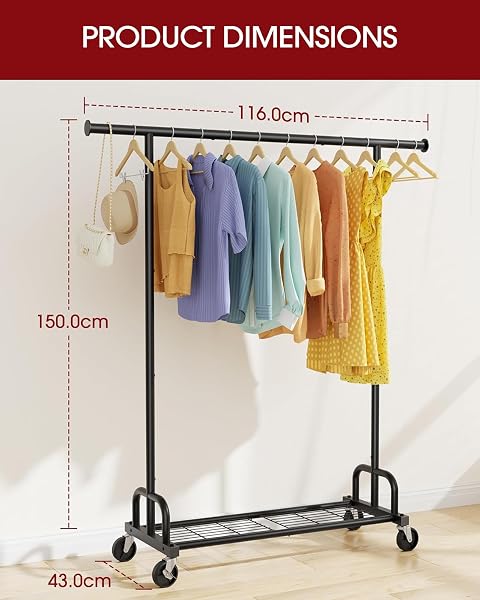 Sakugi Clothes Rail – Heavy Duty Clothes Rack with Wide Fixed Rod, Built-In Mesh Shelf, Space-Saving Clothing Rail for Bedroom, Laundry Room, Entryway, 116 x 43 x 150 cm, Black - 2