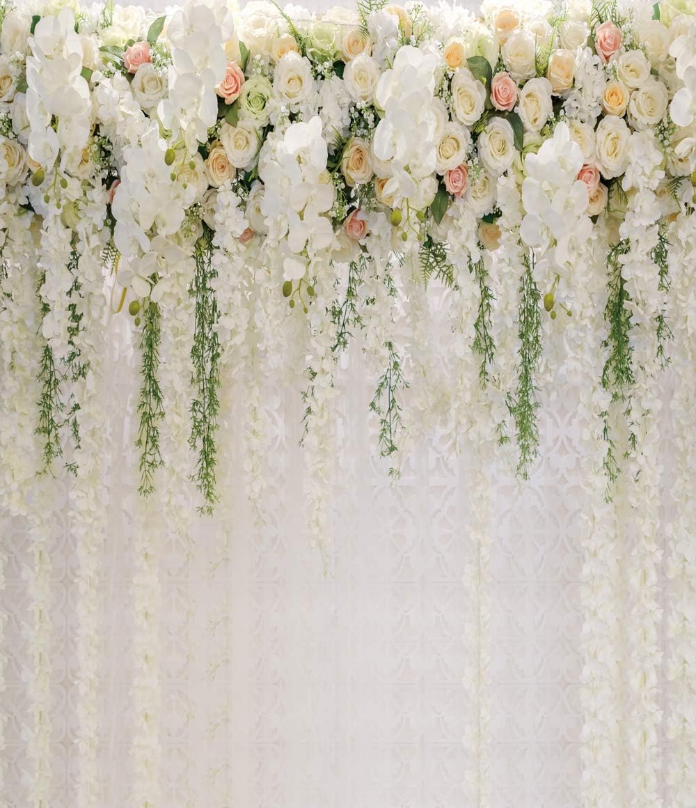 HUAYI 8x9.5ft Bridal shower White Flower Backdrop Curtain Floral flower Wedding Party Background Photo Backdrop for wedding reception Xt-6749