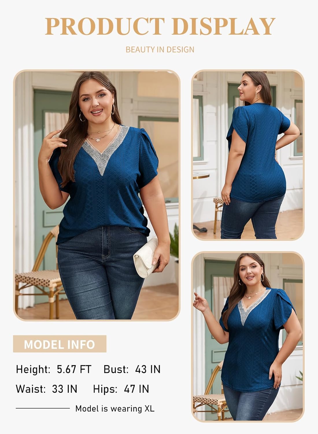 Eytino Womens Plus Size Tops Lace V Neck Petal Short Sleeve Blouse Eyelet Hollow Dressy Casual T Shirts(1X-5X) - Image 3