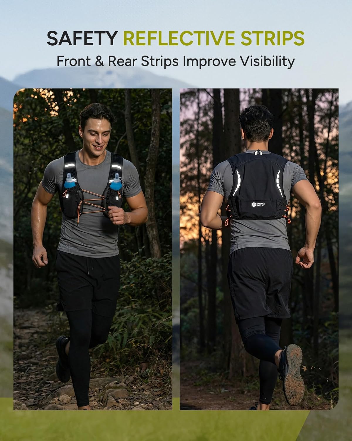 Sahara Sailor Running Vest for Women Men, 2PCS 500ml Soft Flasks, Adjustable Chest Waist Fit, Multi-Pockets, Lightweight Breathable Reflective Hydration Backpack for Running, Trail, Cycling, Hiking