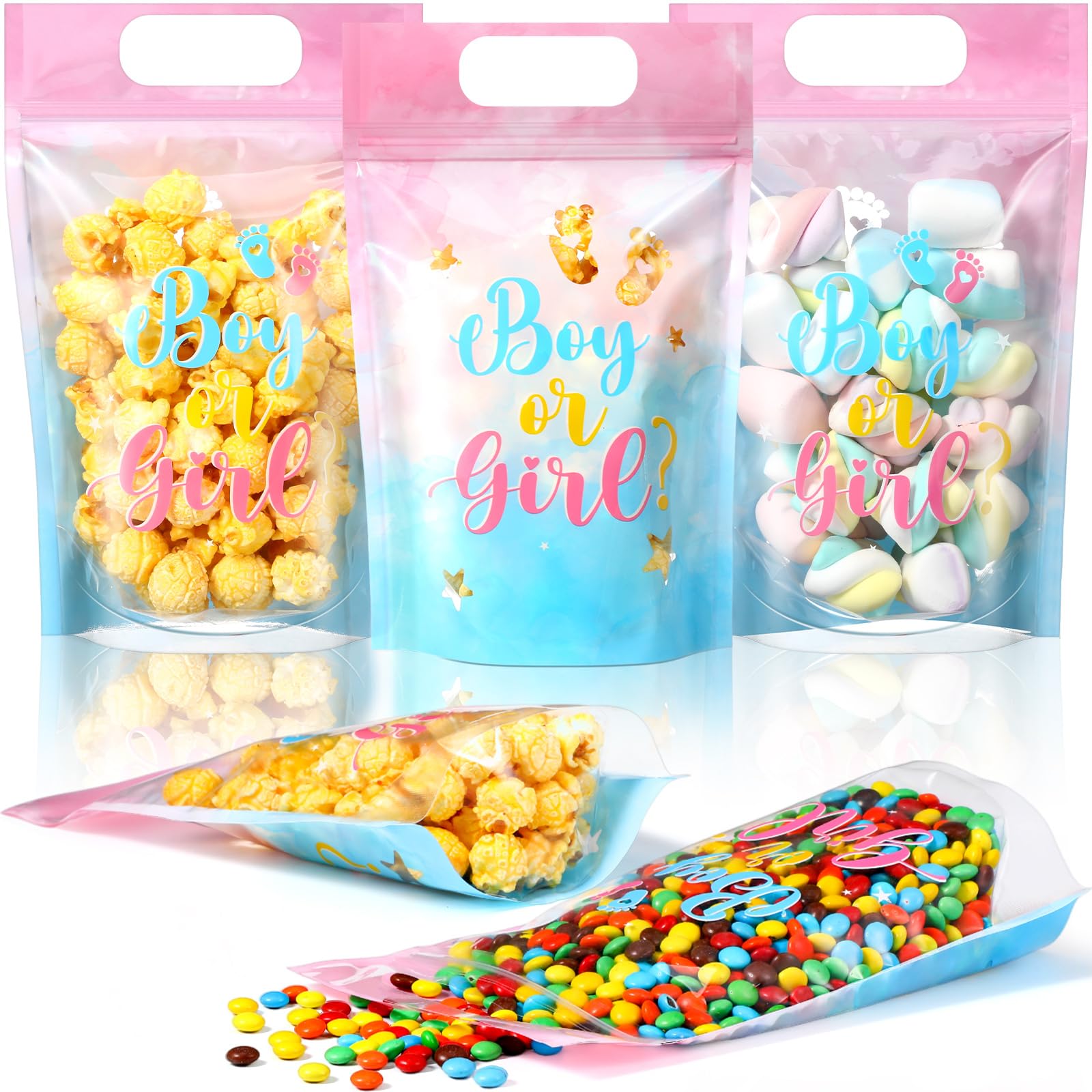 Capoda 50 Pcs Boy or Girl Gift Bags Clear Gender Reveal Sealing Pouches with Handles Blue Pink Baby Shower Plastic Bags for Baby Gender Reveal Party