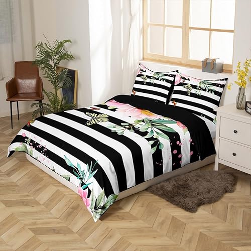 Miniatura 2 de Funda de edredón floral rosa, funda de edredón a rayas blancas y negras, juegos de ropa de cama rosa y negro, rosa con mariposa y hojas, elegante