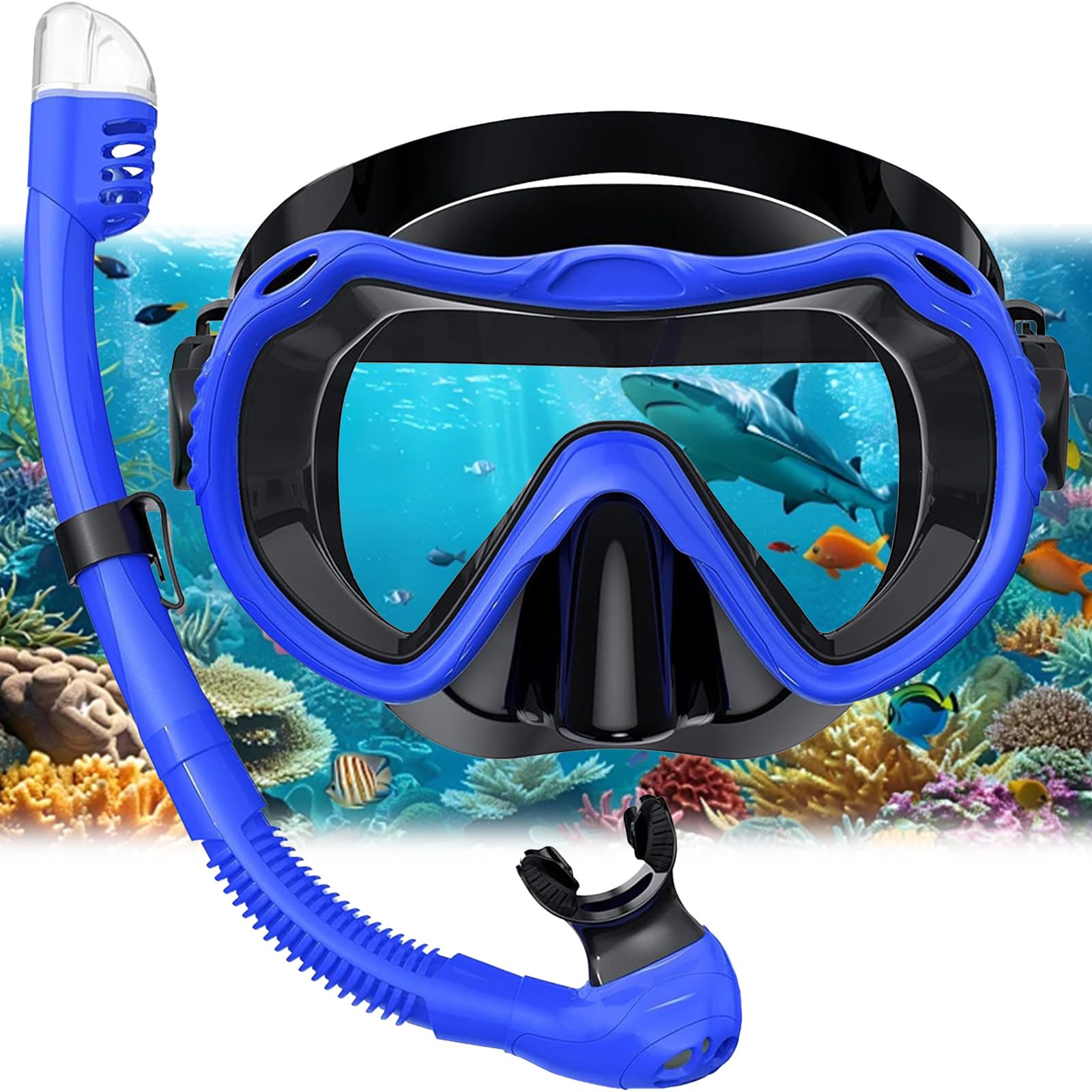 Snorkel Set Adults, Scuba Snorkelling Package with Anti-Fog,180ยฐ View Snorkelling Goggle,Dry Snorkel Mask for Adult Swimming Diving (Blue)