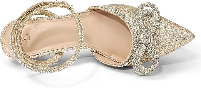 Mysoft Women's Rhinestone Bow Pumps - Pointed Toe Wedding Shoes With Ankle Strap & Kitten Heels - View #8