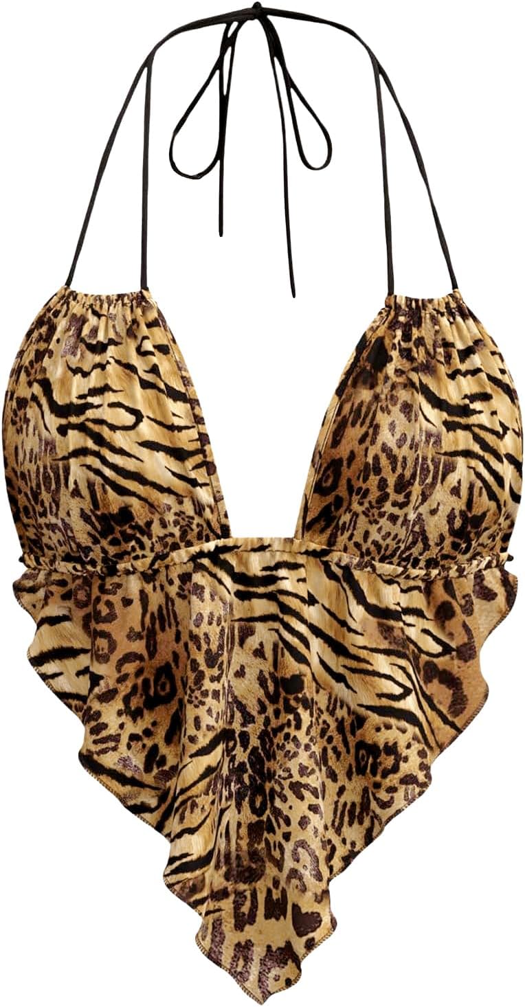 Verdusa Women’s Sexy Leopard Print Deep V Halter Crop Tops Ruffle Going Out Top Party Clubwear