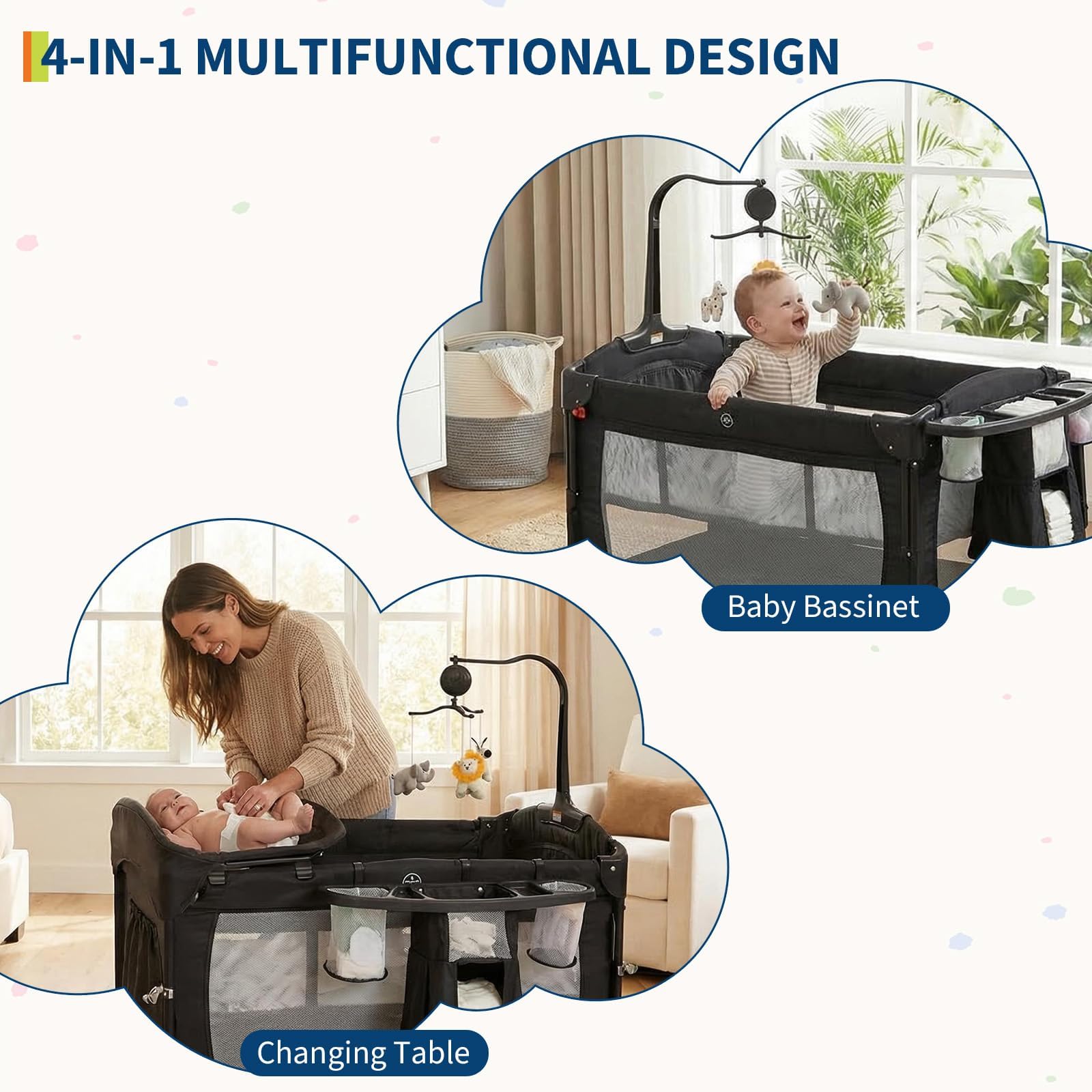 Garvee Babybett und Reisebett Baby mit Matratze, 5-in-1 klappbar Wiegefunktion Beistellbett Wickeltisch Spieluhr, Automatische Wiege Zum Einschlafen, mit Rollen atmungsaktive Netzfenster bis 15 kg